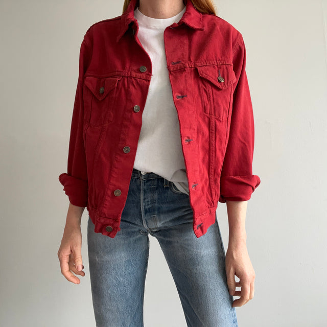 1990s Thrashed, Mended Re Dyed Red Gap Denim Jean Jacket