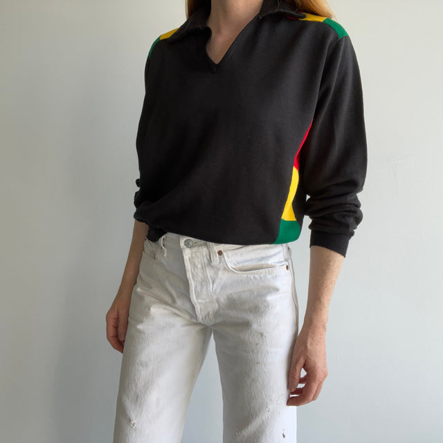 1980s Rasta Colored V-Neck Collared Sweatshirt