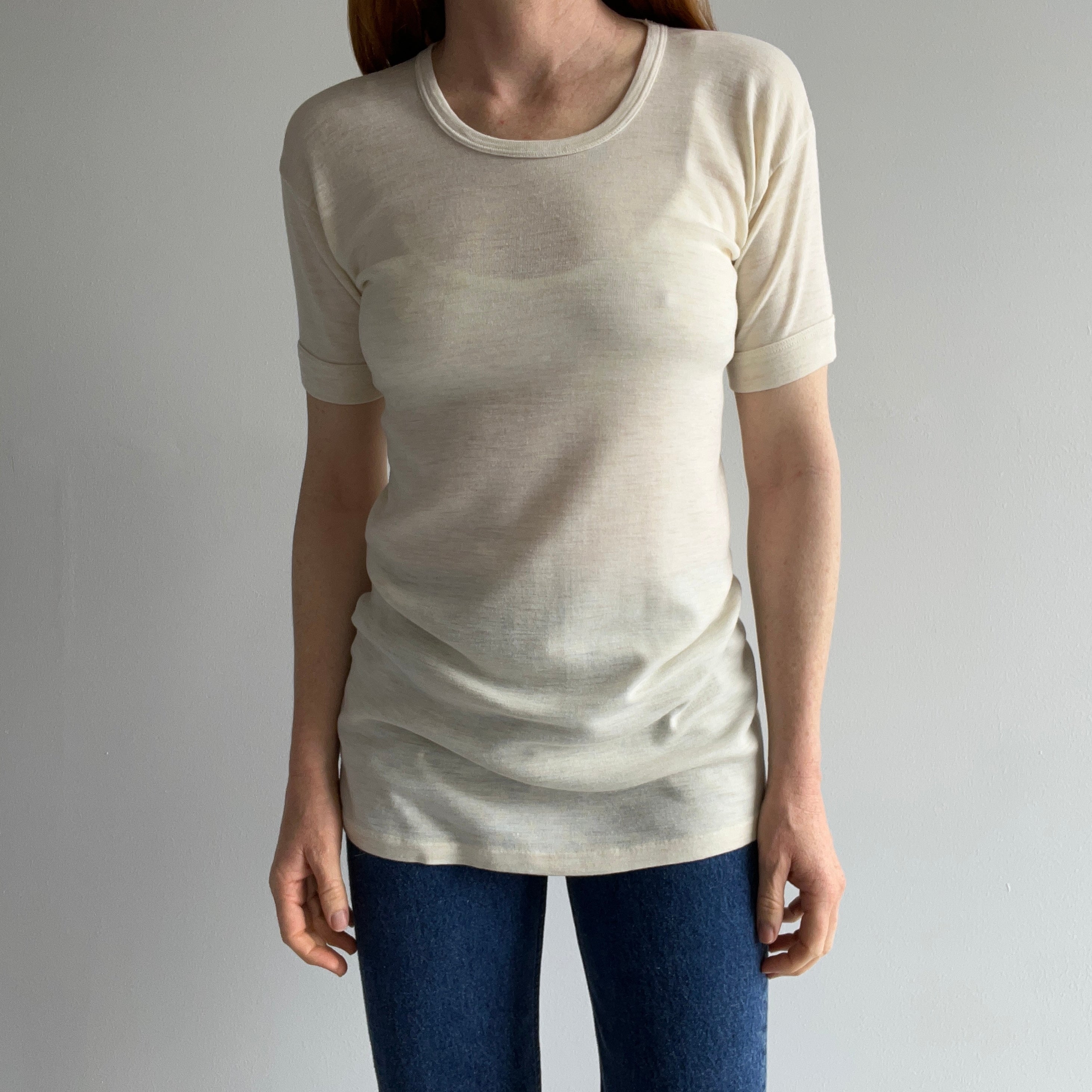 1970s Super Strechy/Slouchy Oatmeal Short Sleeve Thermal