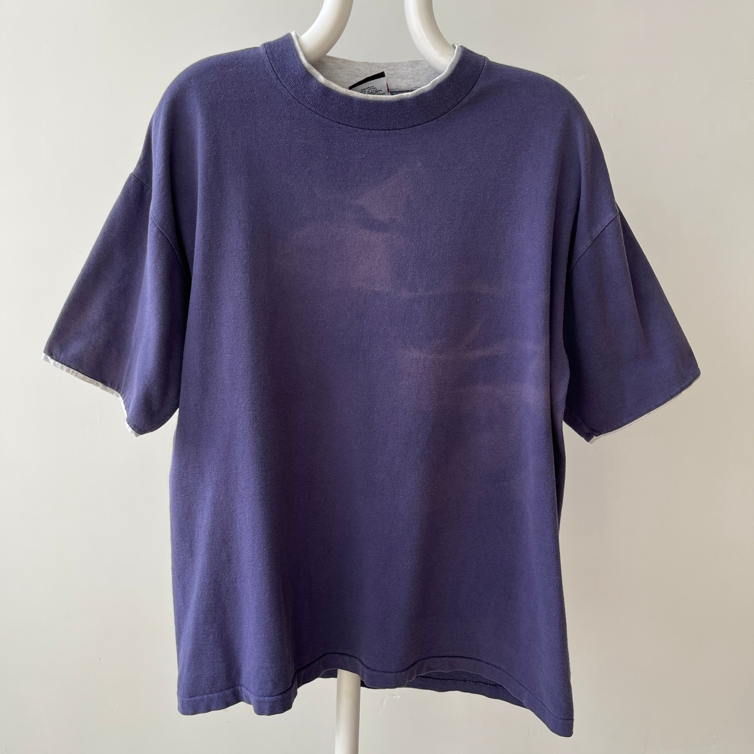 1980s Blank Faded Navy Blue Double Layered T Shirt