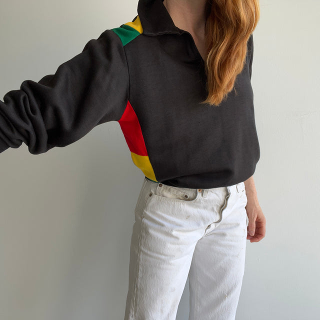 1980s Rasta Colored V-Neck Collared Sweatshirt