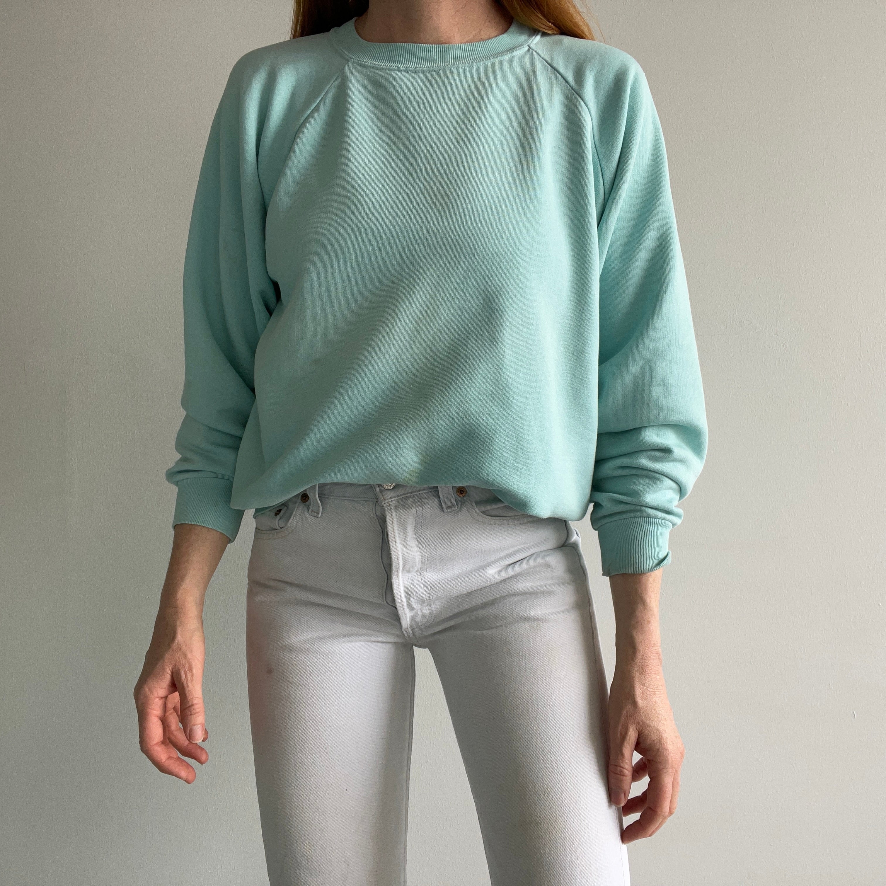 1970s Faded Seafoam Green/Blue Cotton!! Stained Sweatshirt