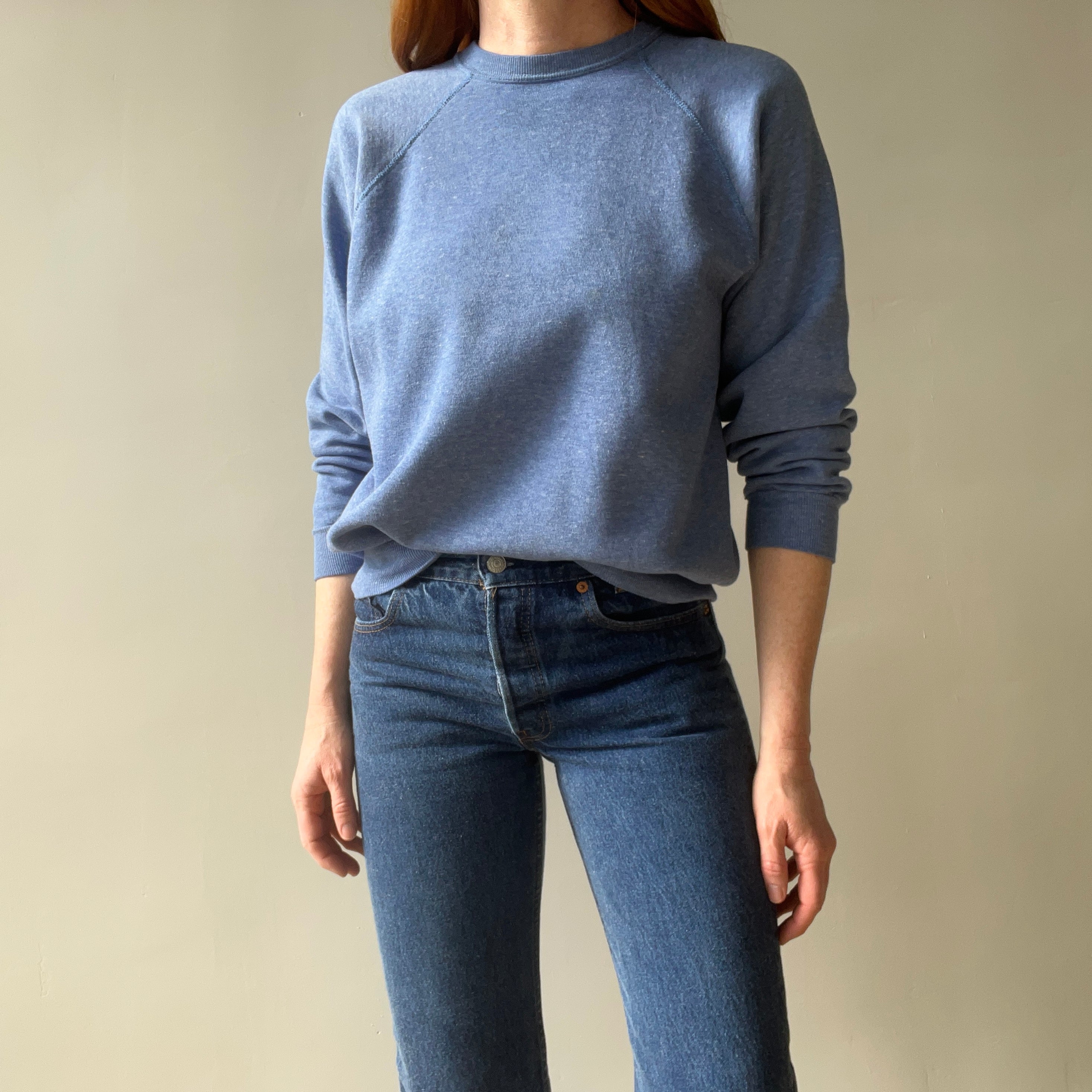 1970/80s Heather Blue Lovely Blank Raglan Sweatshirt - Please Don't Make Me Keep This