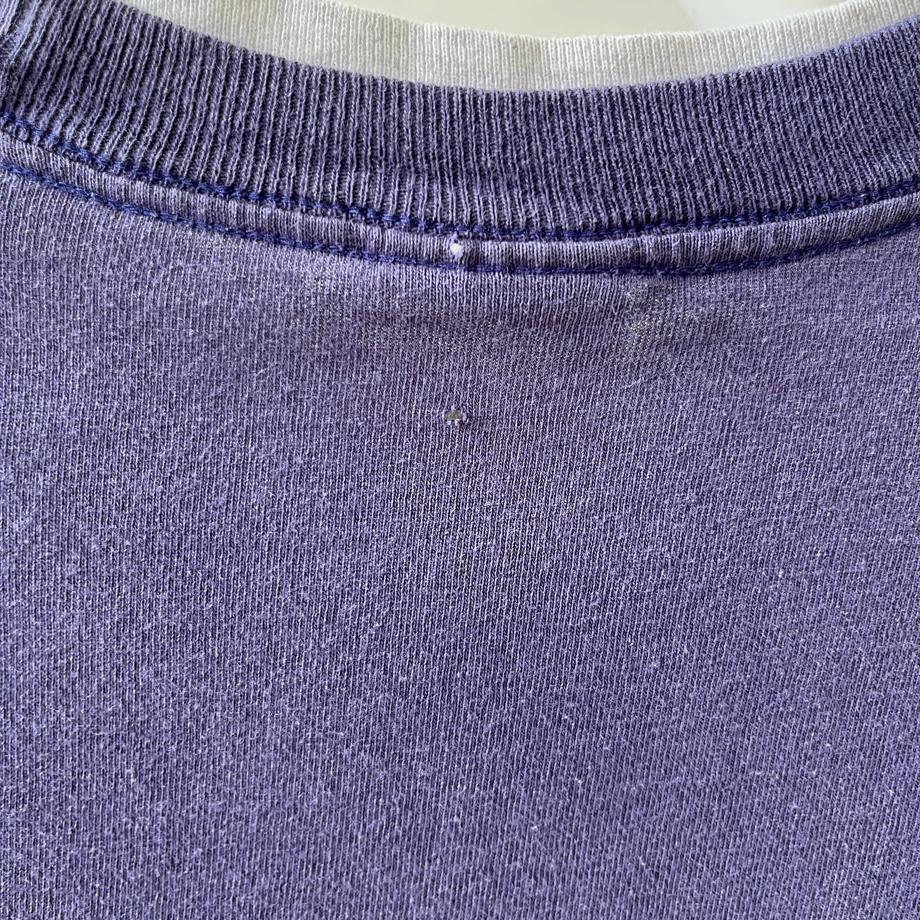 1980s Blank Faded Navy Blue Double Layered T Shirt