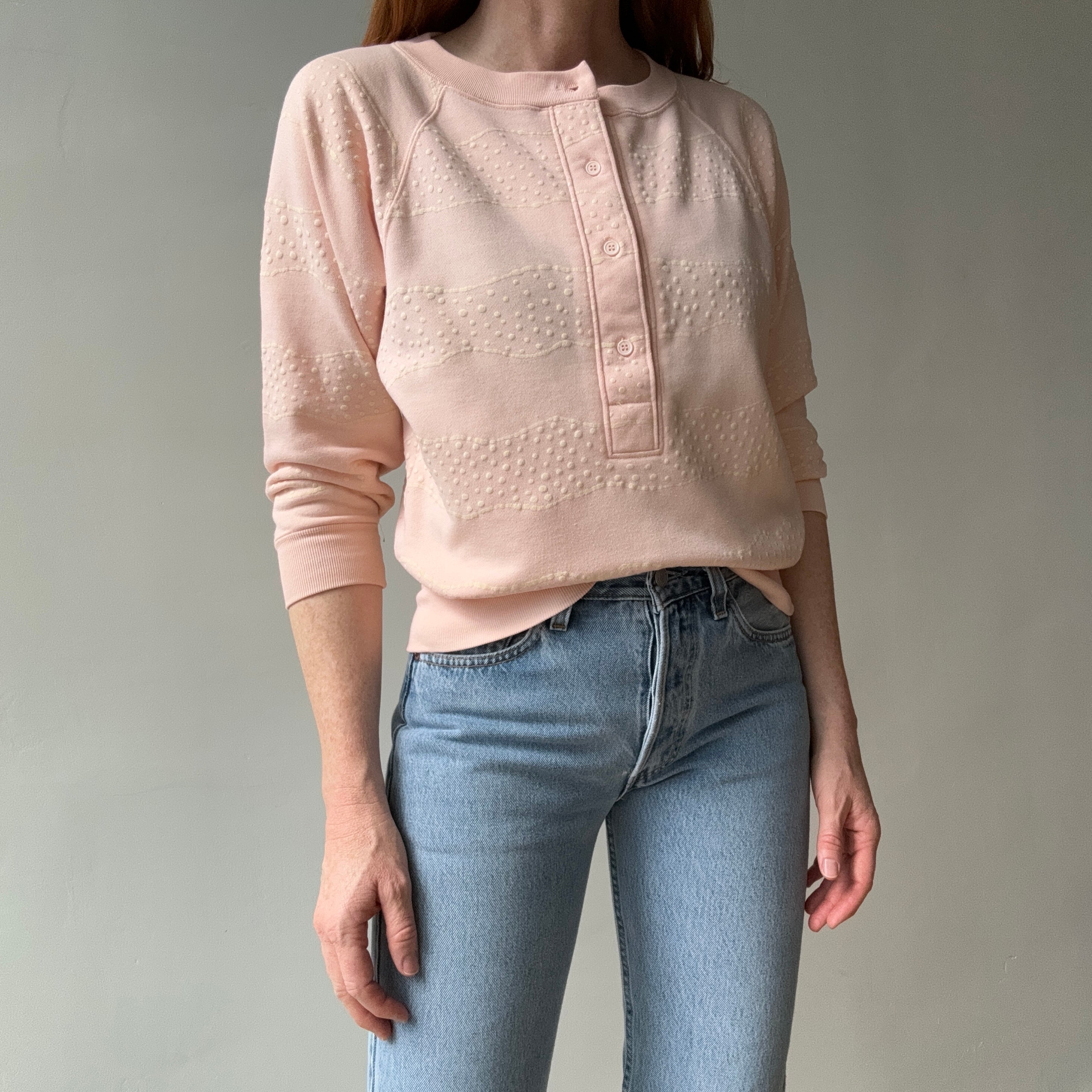 1980s Henley Sweatshirt in a Faded Peach - So very very Eighties