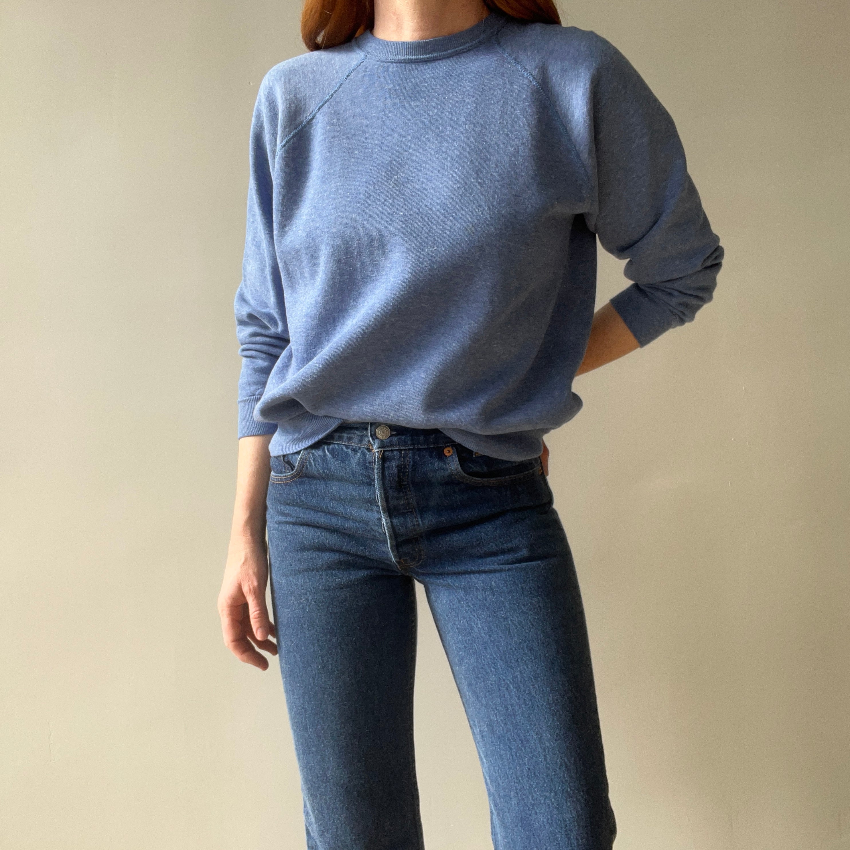 1970/80s Heather Blue Lovely Blank Raglan Sweatshirt - Please Don't Make Me Keep This