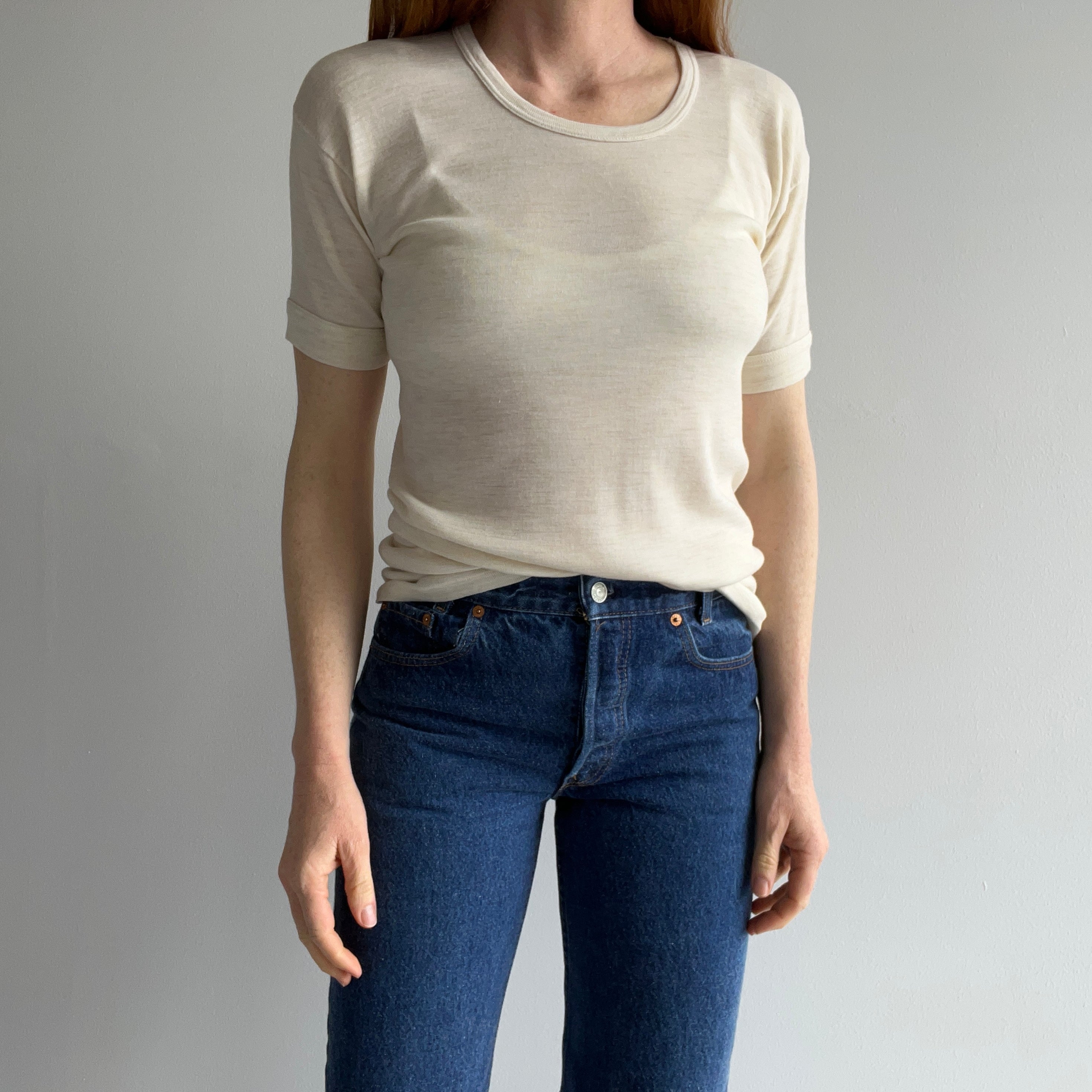 1970s Super Strechy/Slouchy Oatmeal Short Sleeve Thermal