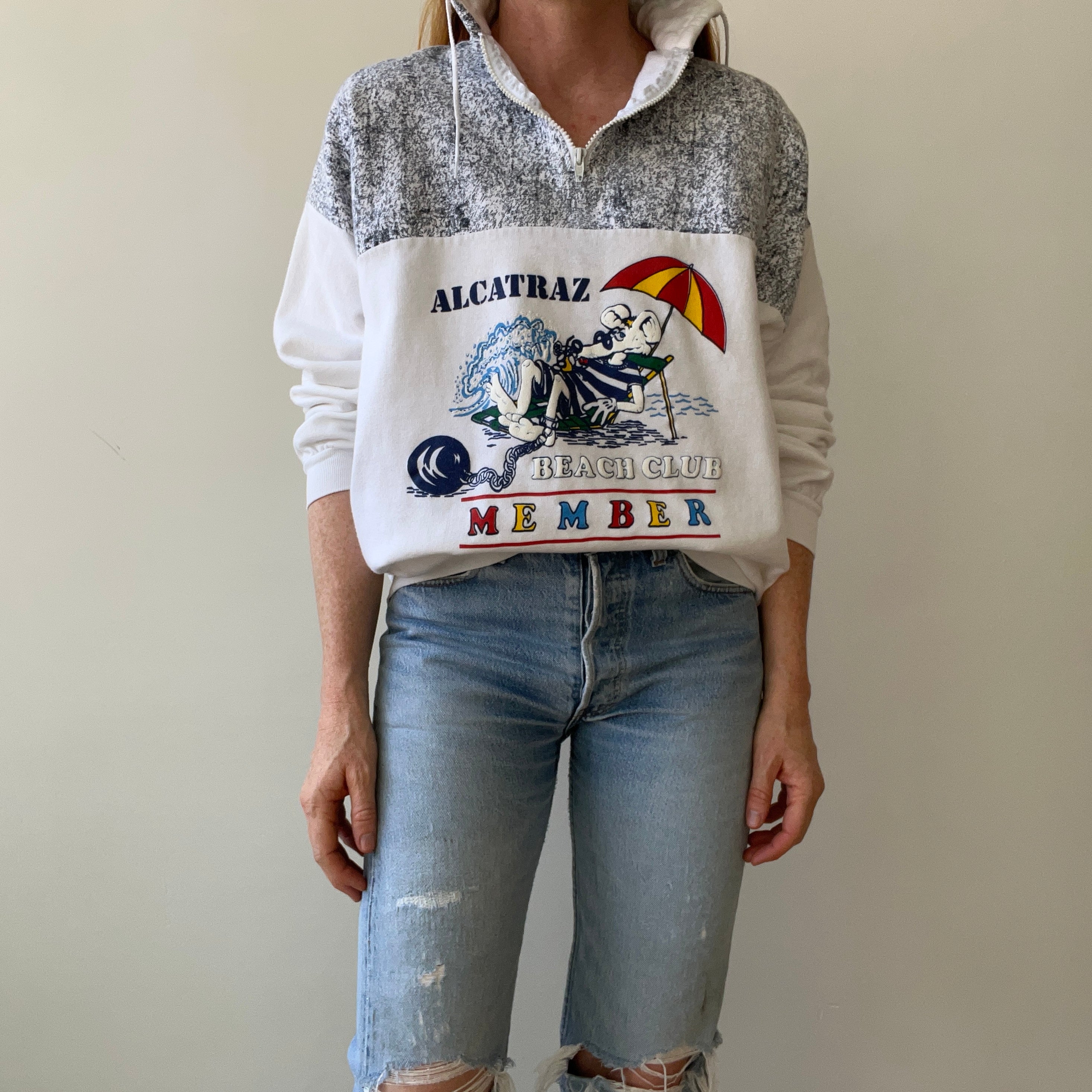1980s Alcatraz Beach Club 1/4 Zip Sweatshirt - Bad 80s Humor