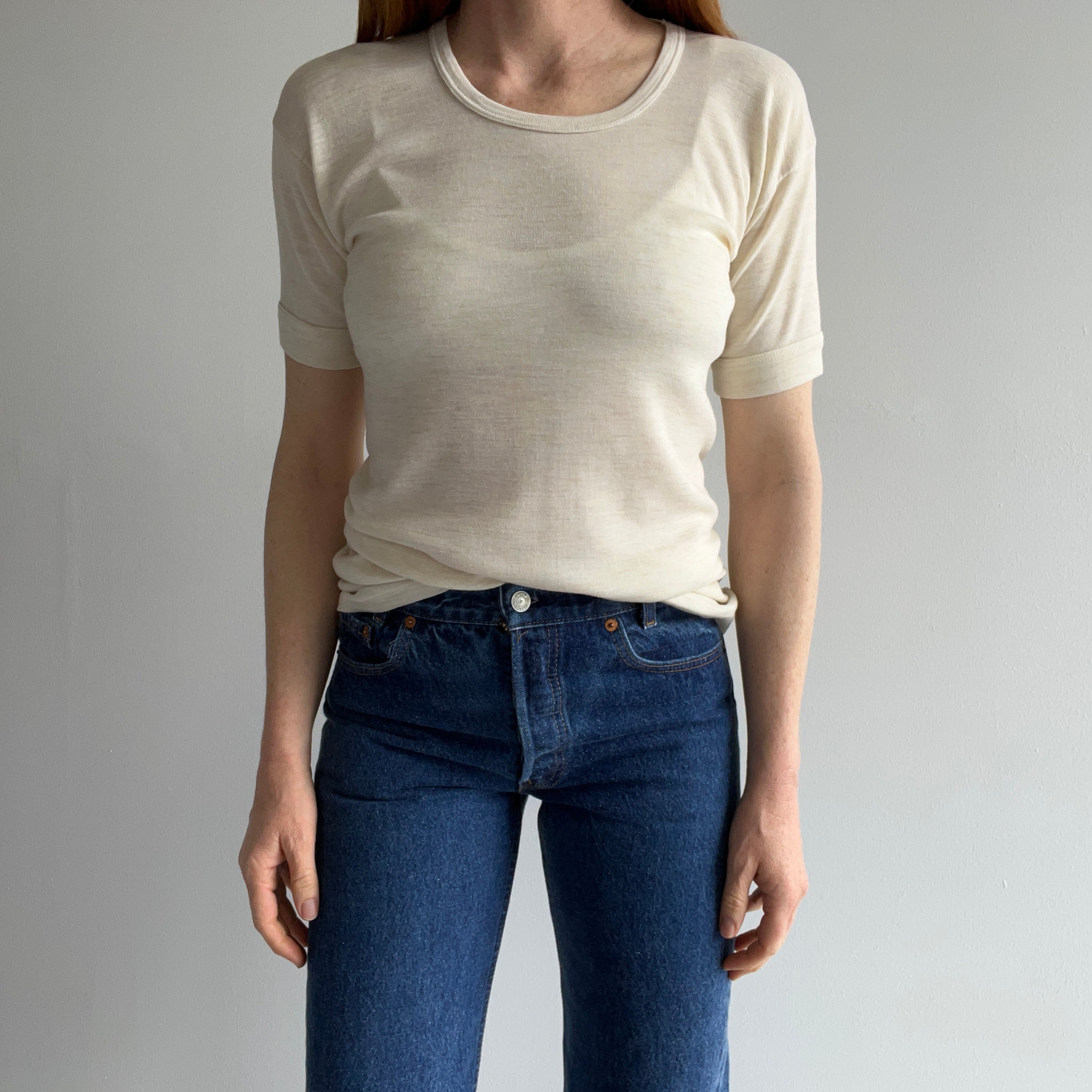 1970s Super Strechy/Slouchy Oatmeal Short Sleeve Thermal