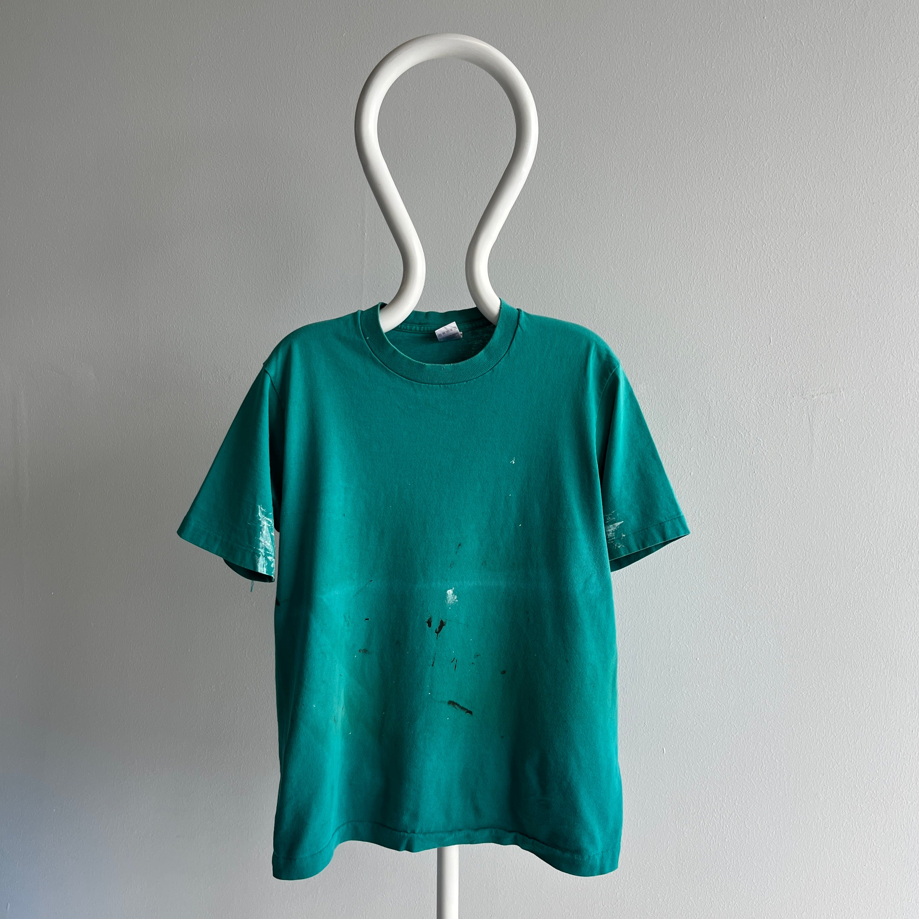 1980/90s Super Paint Stained an Beat Up Teal/Turquoise T-Shirt