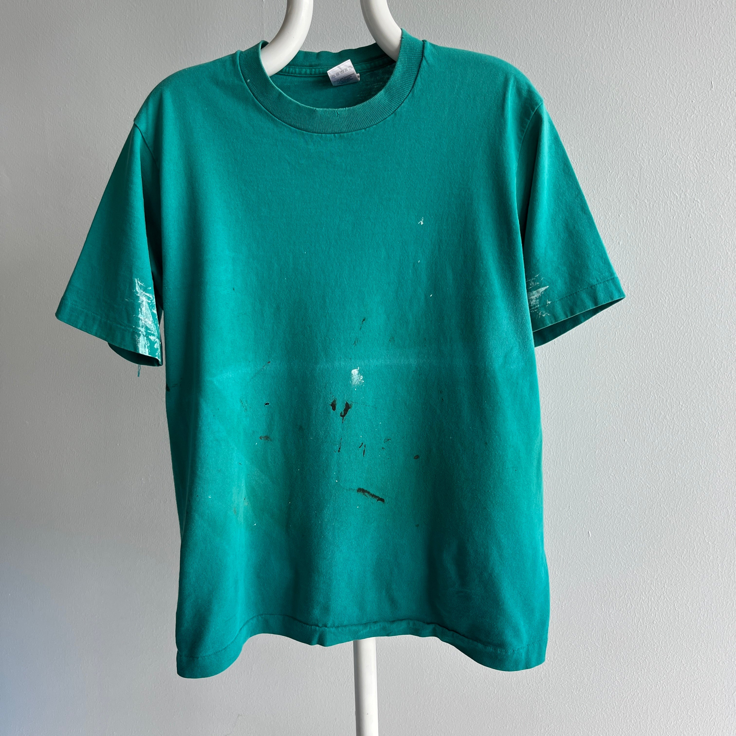 1980/90s Super Paint Stained an Beat Up Teal/Turquoise T-Shirt