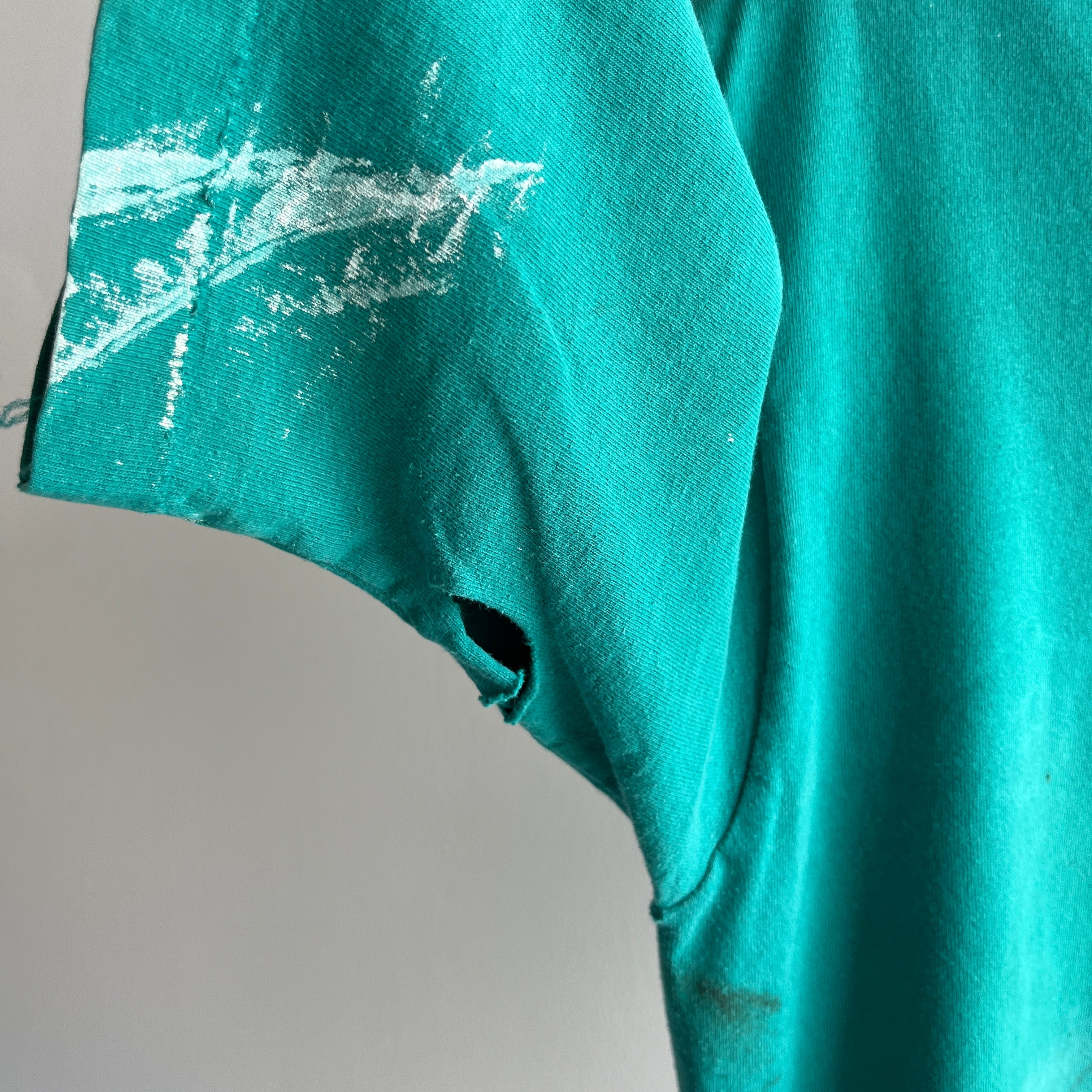 1980/90s Super Paint Stained an Beat Up Teal/Turquoise T-Shirt