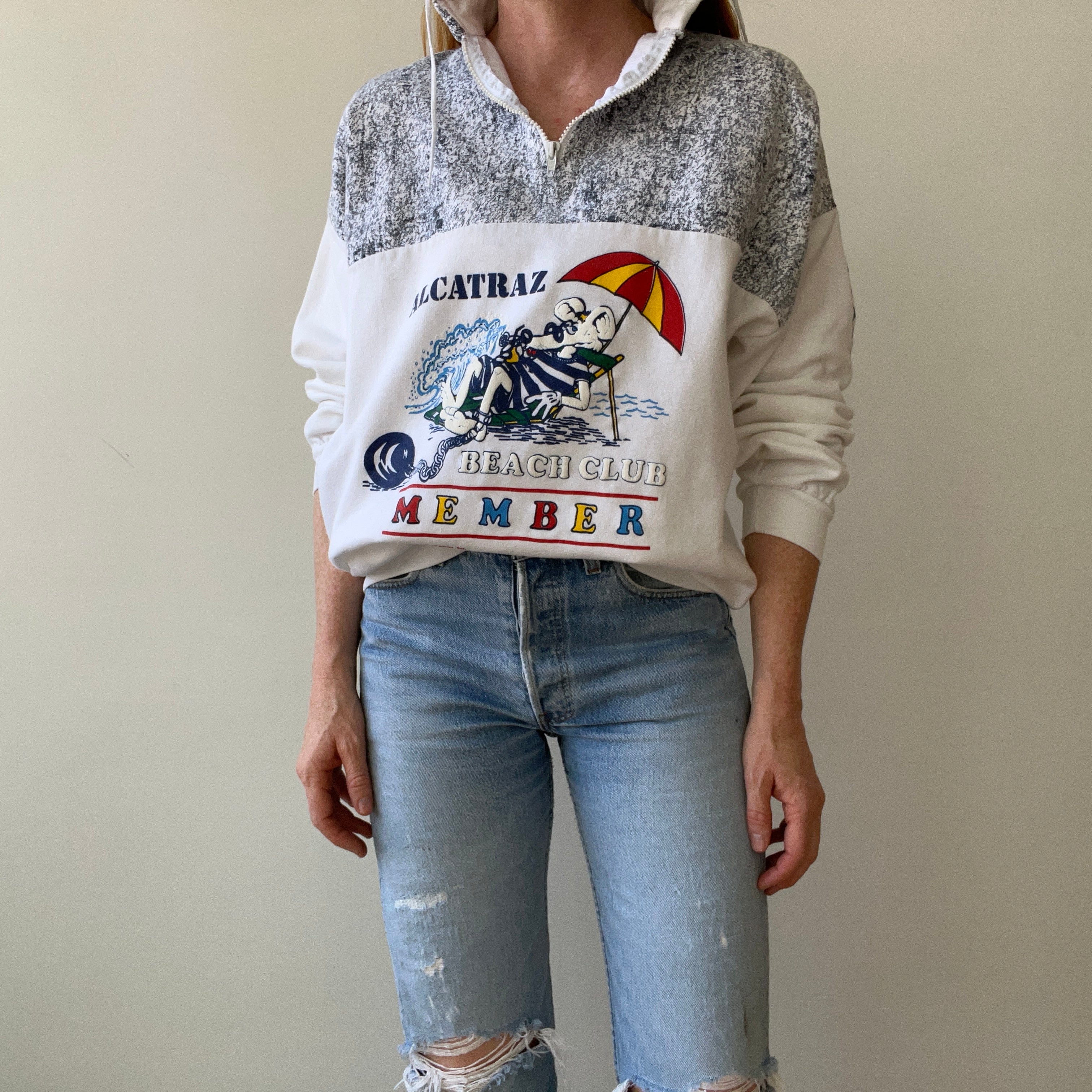 1980s Alcatraz Beach Club 1/4 Zip Sweatshirt - Bad 80s Humor