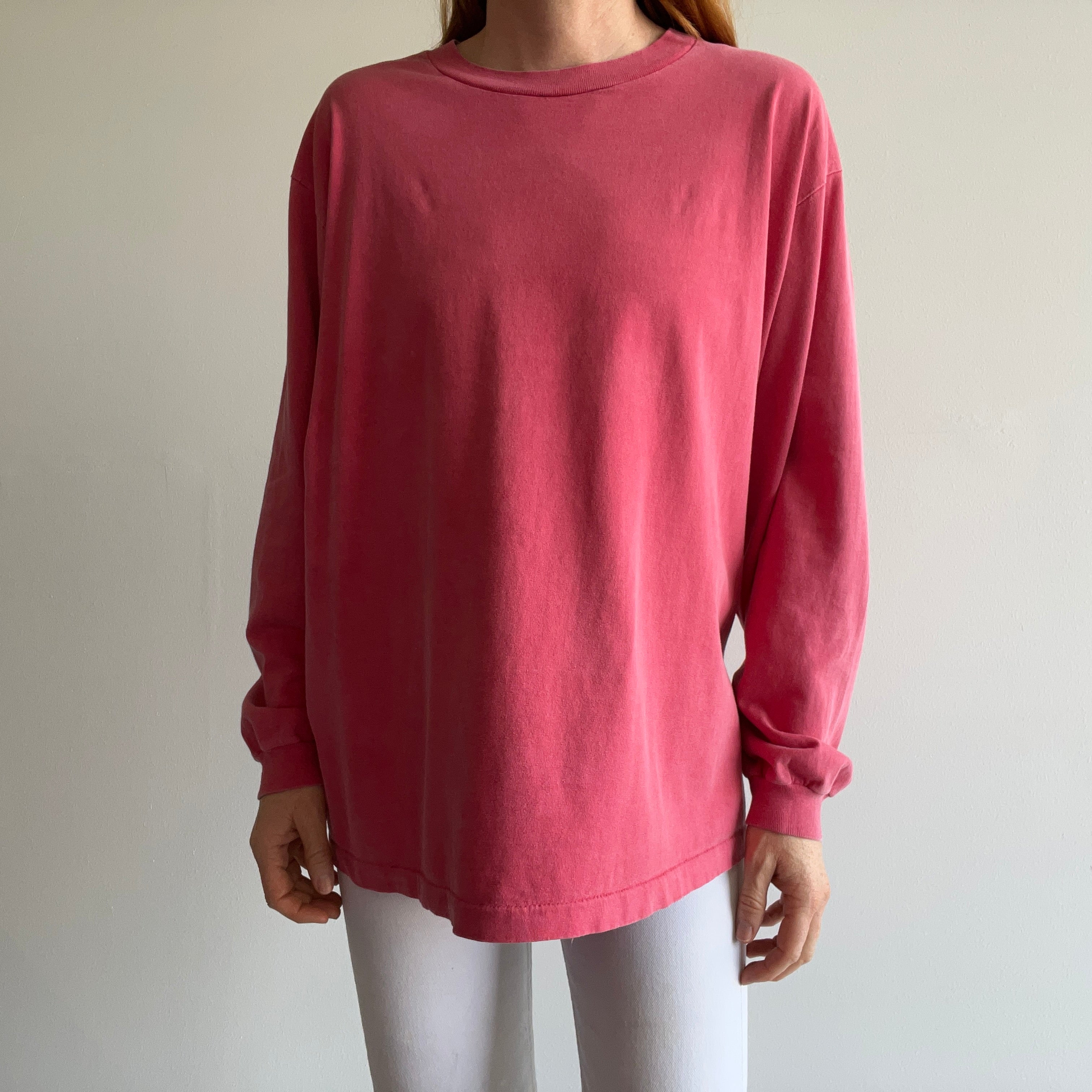 1990s Super Soft and Slouchy Faded Red to Salmon-ish Long Sleeve Cotton Shirt