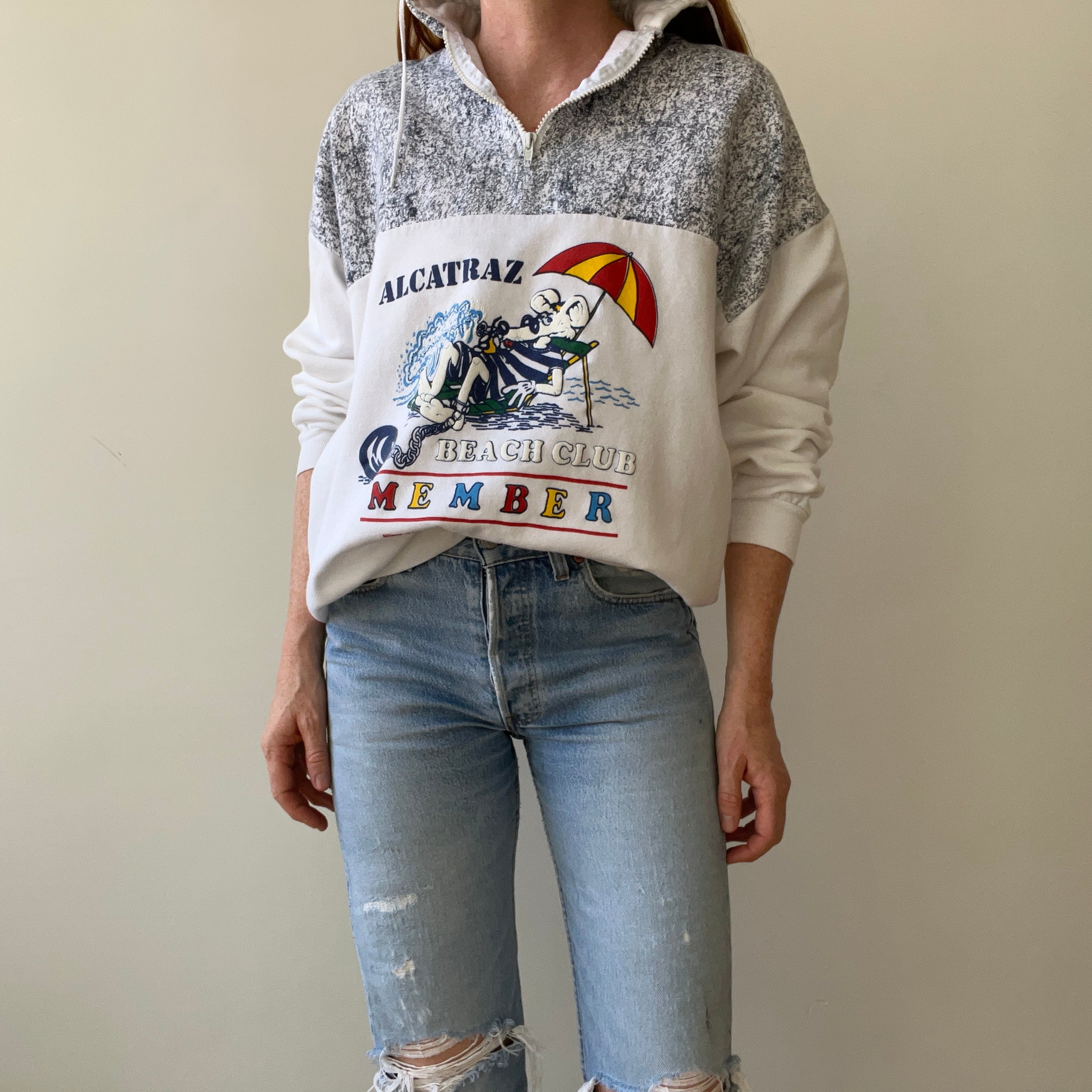 1980s Alcatraz Beach Club 1/4 Zip Sweatshirt - Bad 80s Humor