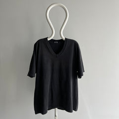 1990s USA Made Gap V-Neck Faded Black Cotton T-Shirt