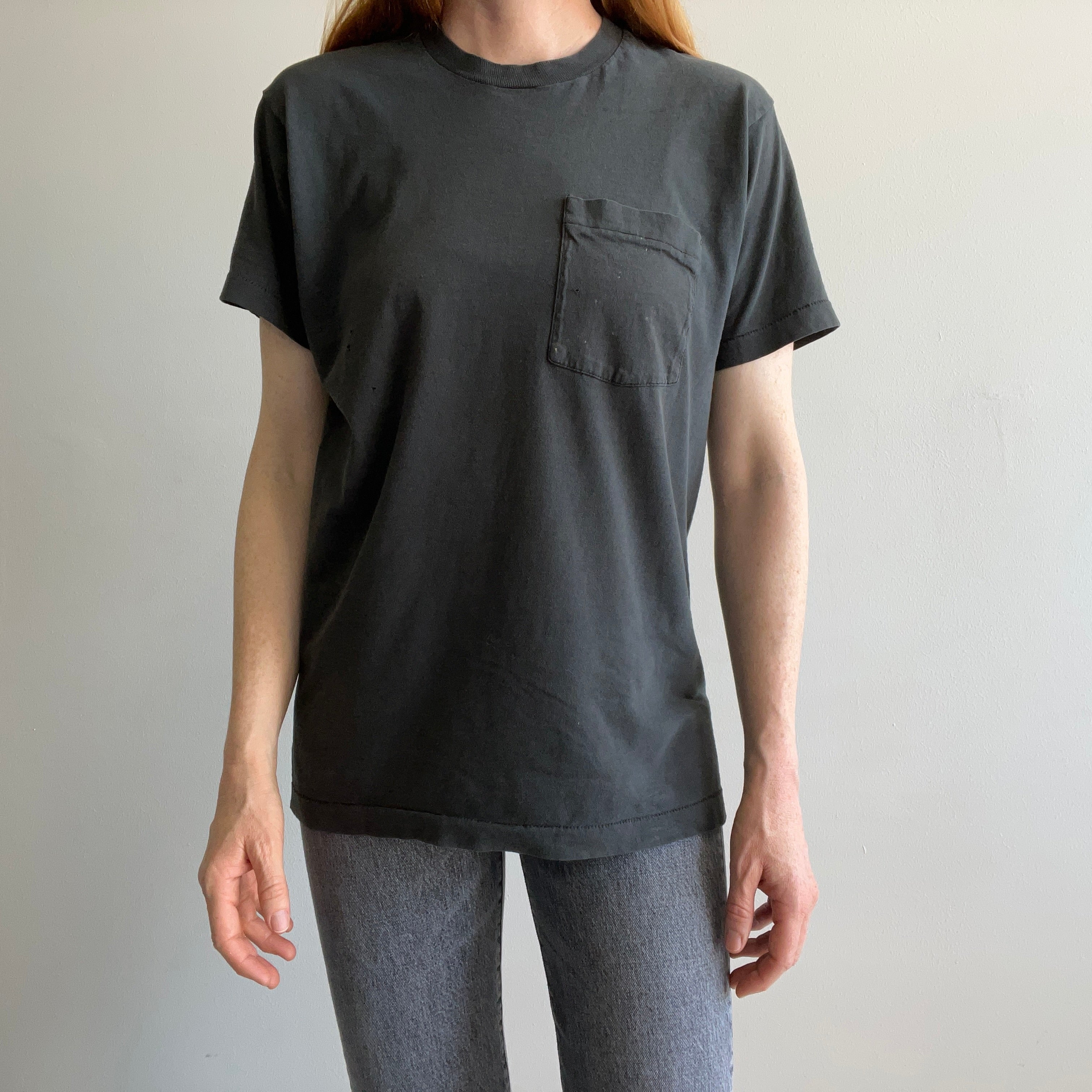 1980s Thrashed Selvedge Pocket Blank Black Cotton T-Shirt - Personal Collection