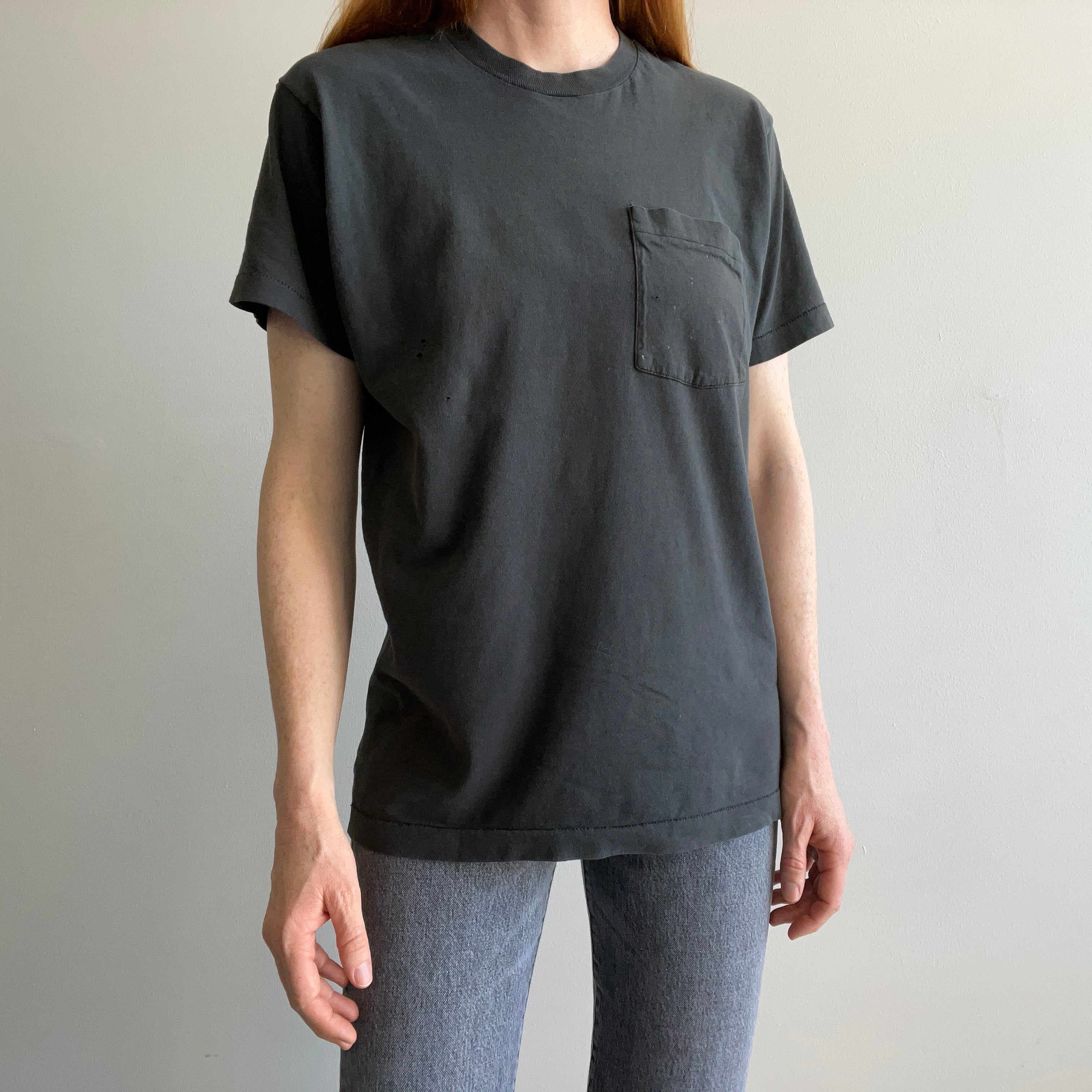 1980s Thrashed Selvedge Pocket Blank Black Cotton T-Shirt - Personal Collection