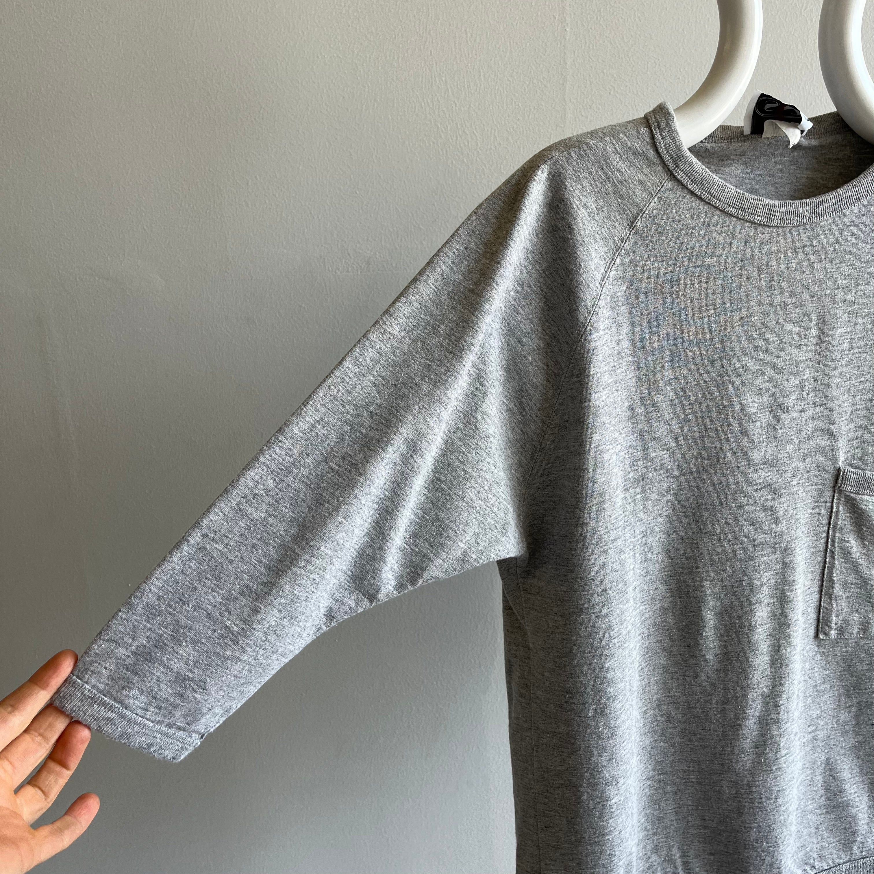 1980s Fun 3/4 Sleeve Blank Gray Baseball Pocket T-Shirt - Unique!