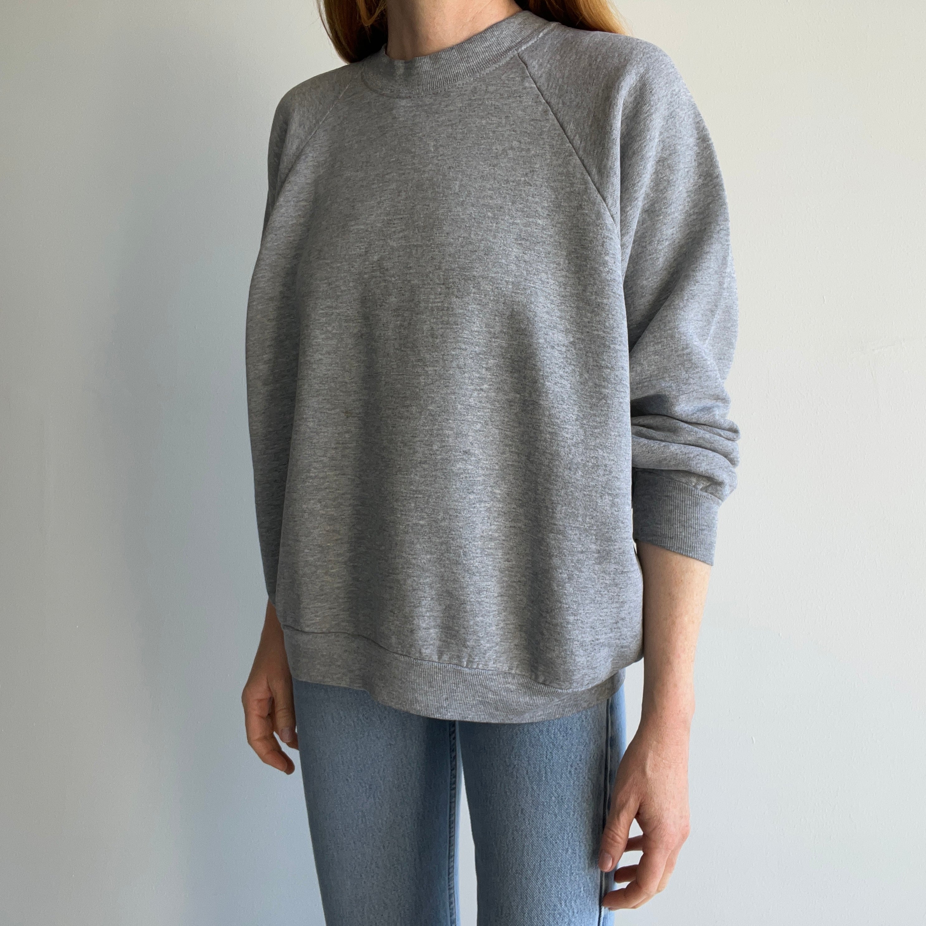 1990s Blank Gray FOTL Easy Breezy Gray Sweatshirt - Great Cut + Staining