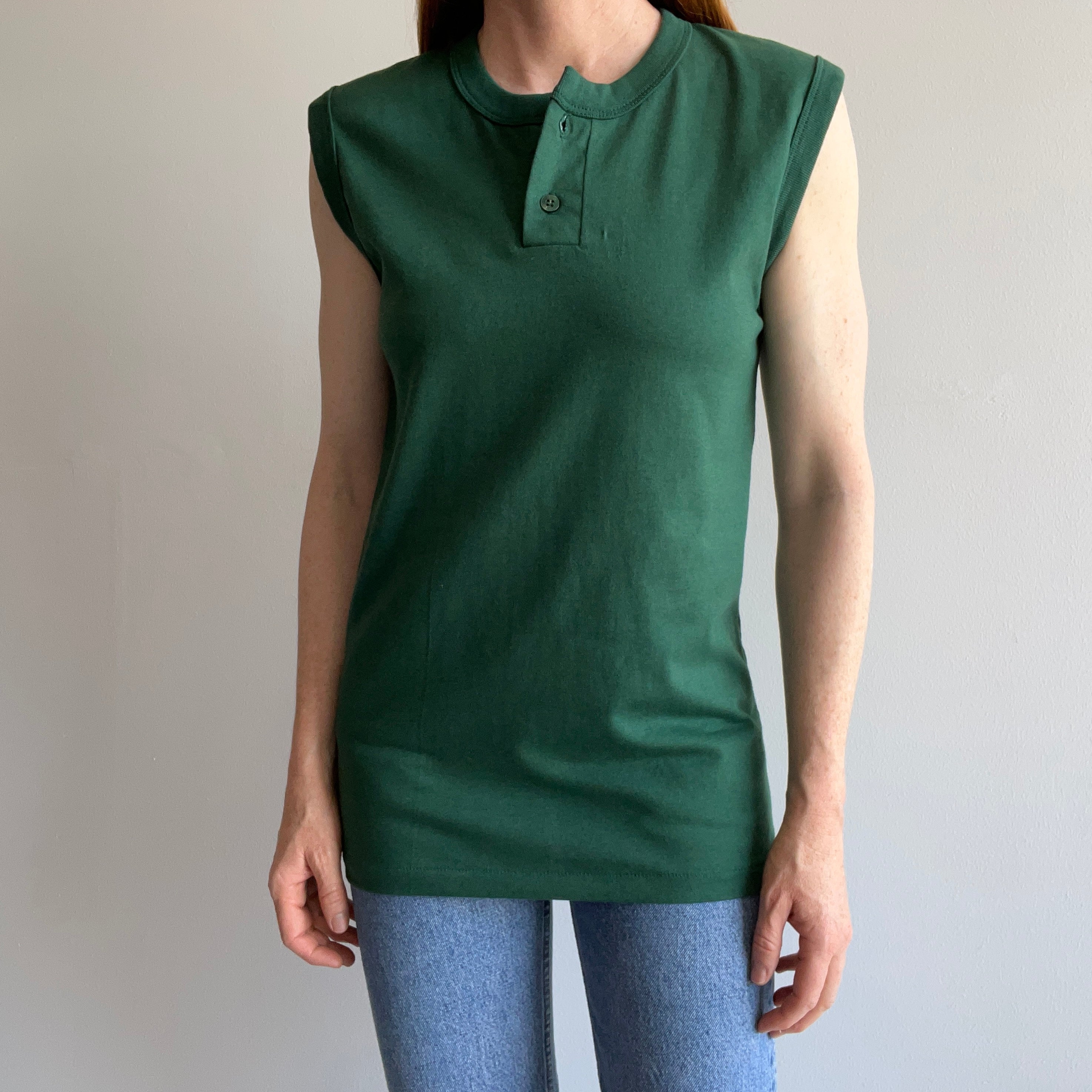 1980s Sleeveless Forest Green Henley Shirt