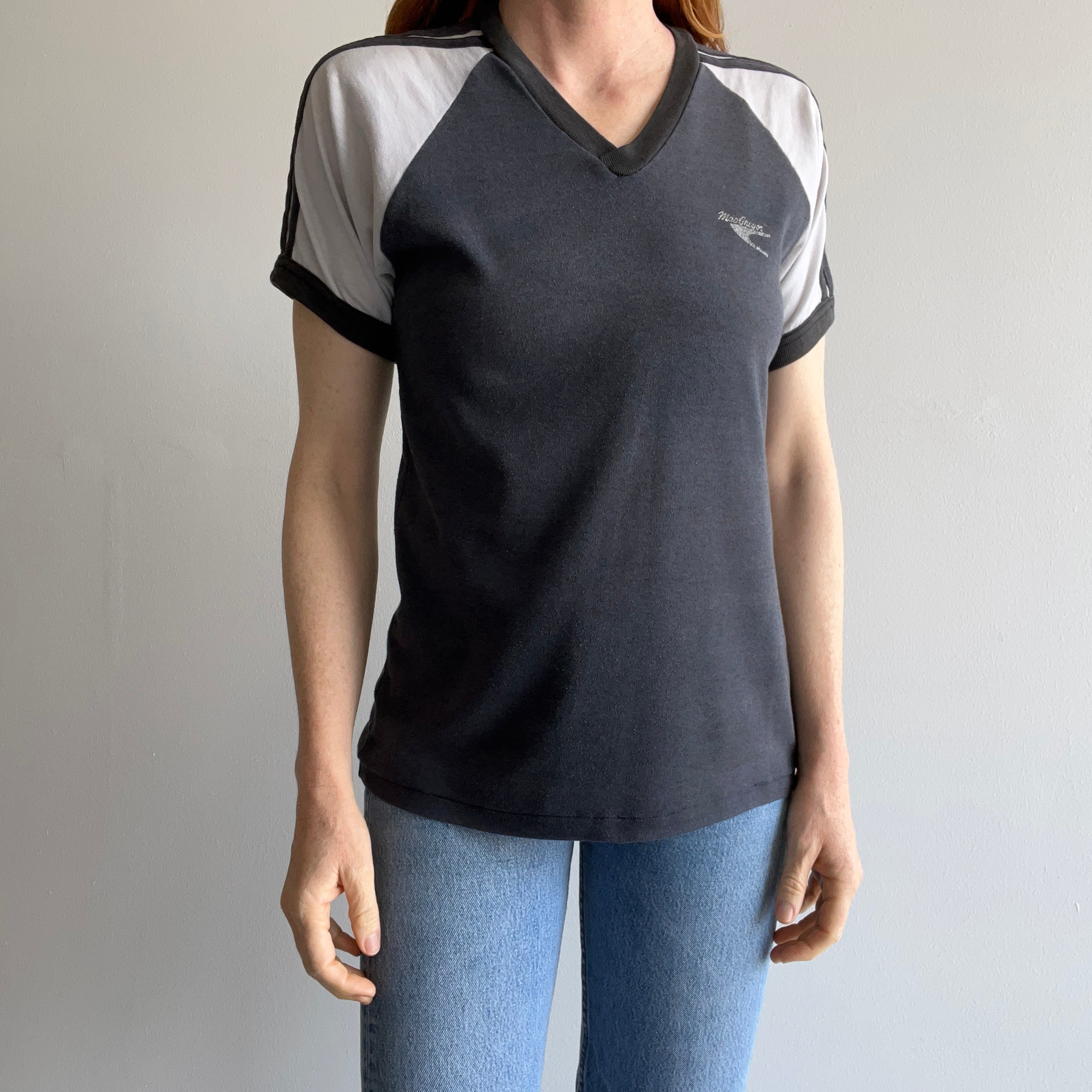 1970/80s MacGregor Two Tone Slouchy Baseball V-Neck Ring T-Shirt