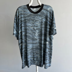 1980s Super Thin with Runs and Holes Blue Faded Camo Extra Long T-Shirt