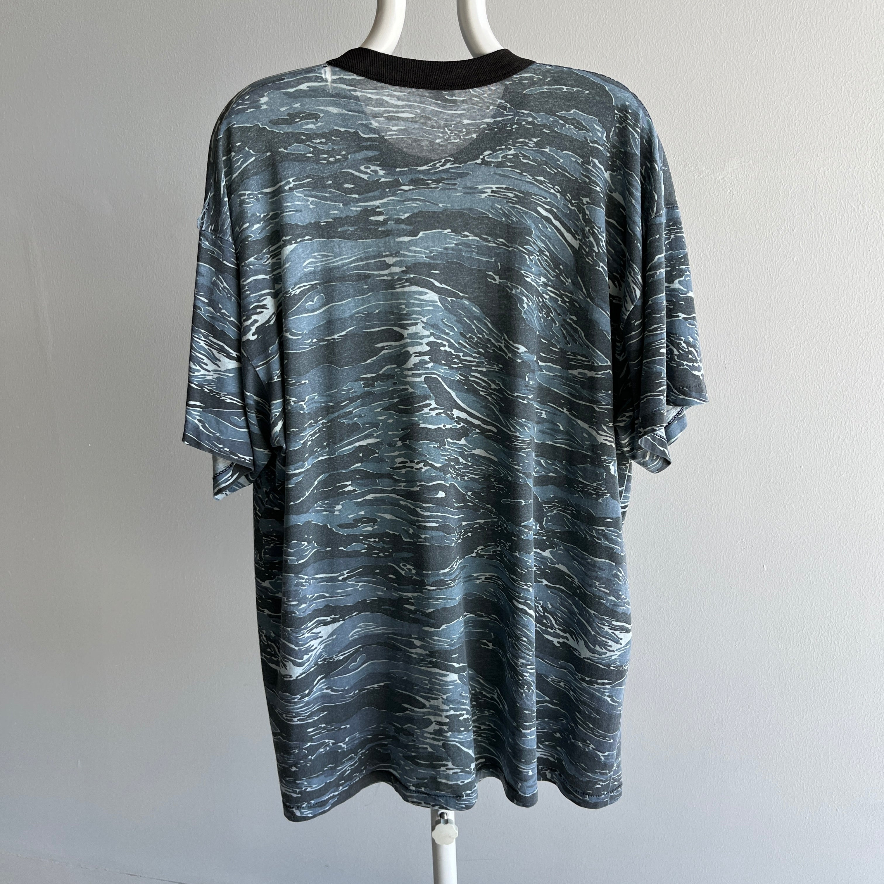 1980s Super Thin with Runs and Holes Blue Faded Camo Extra Long T-Shirt