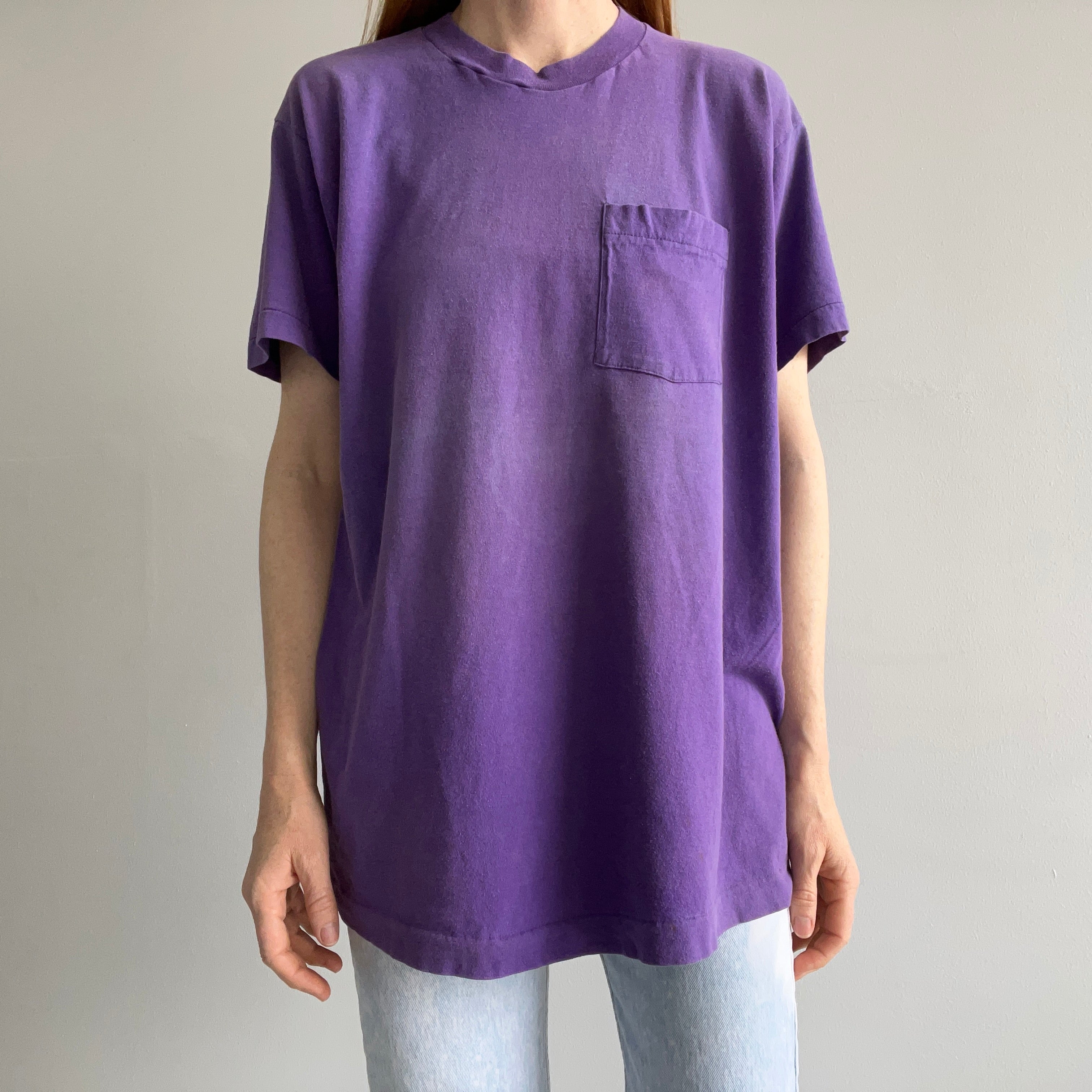 1980s Epically Sun Faded and Worn Blank Purple Pocket T-SHirt