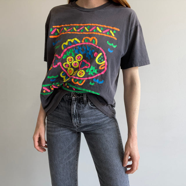1980/90s Extremely Sun Faded Neon Fish Cotton T-Shirt