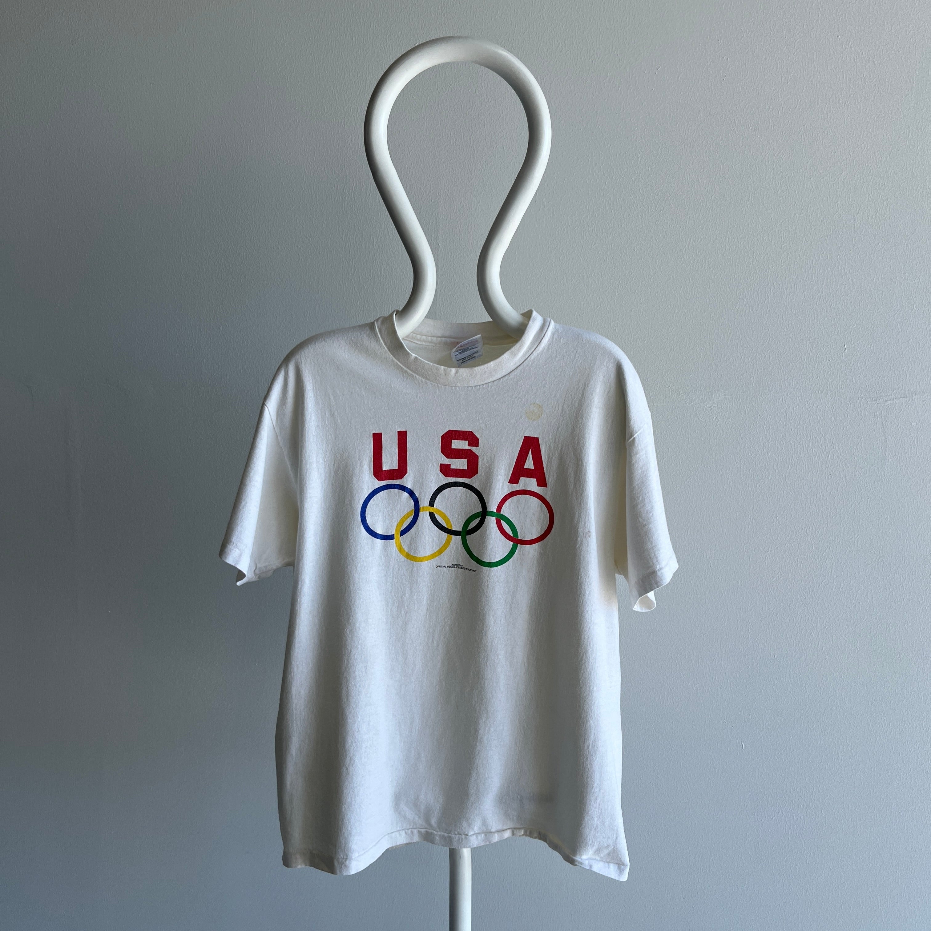 1990s USA Made White to Ecru From Age Olympic Cotton T-Shirt