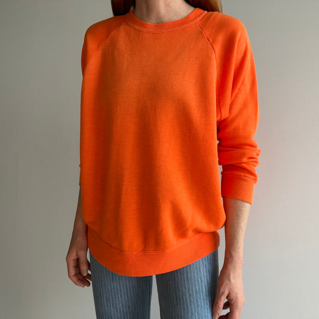 1970s Paper Thin Ultra Soft Vibrant Orange Sweatshirt with Two Ink Stains