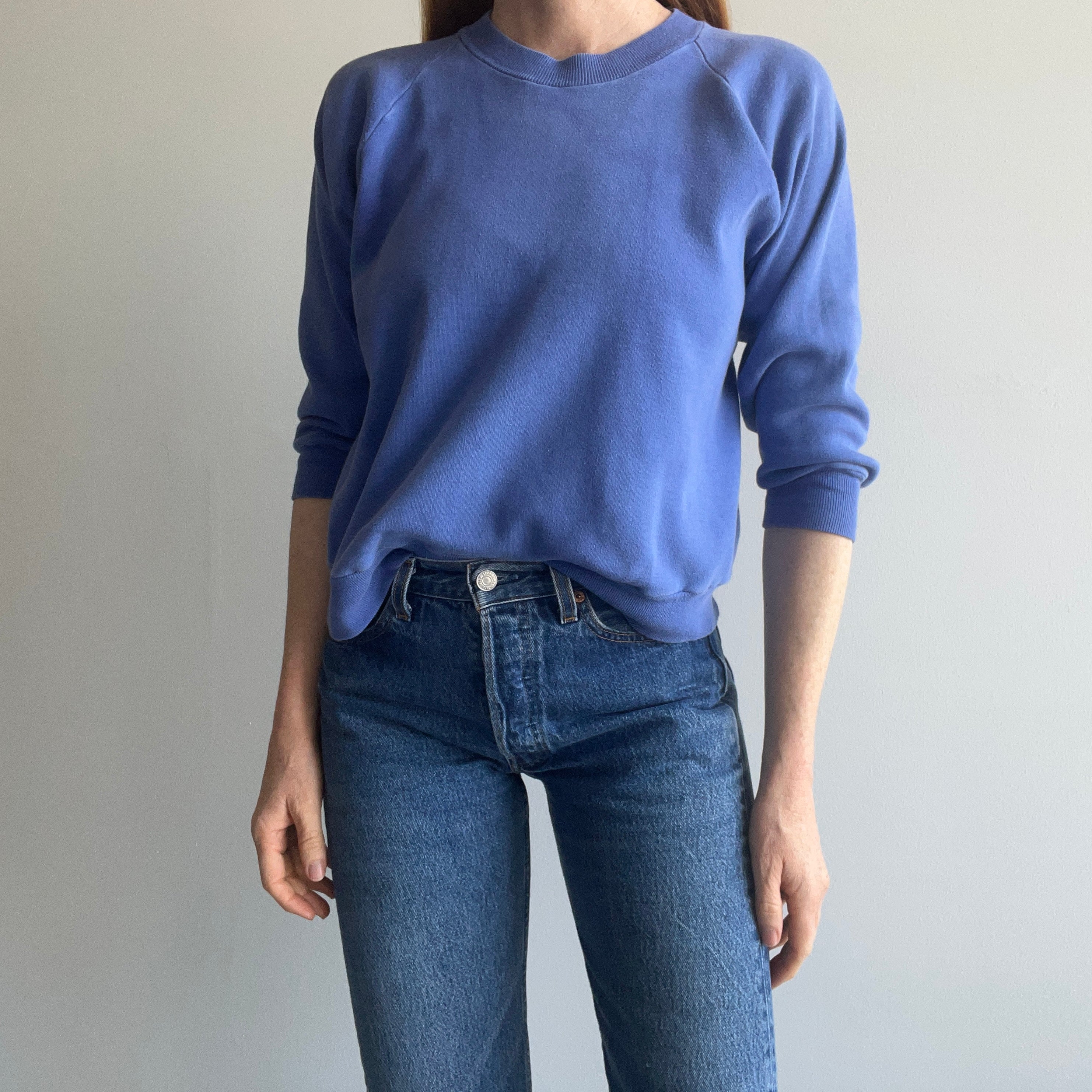 1970s Incredible Shorter Long Sleeve Bleach and Sun Faded Periwinkle Sweatshirt