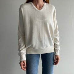 1970s Creamy White V-Neck Rayon and Nylon Sweater