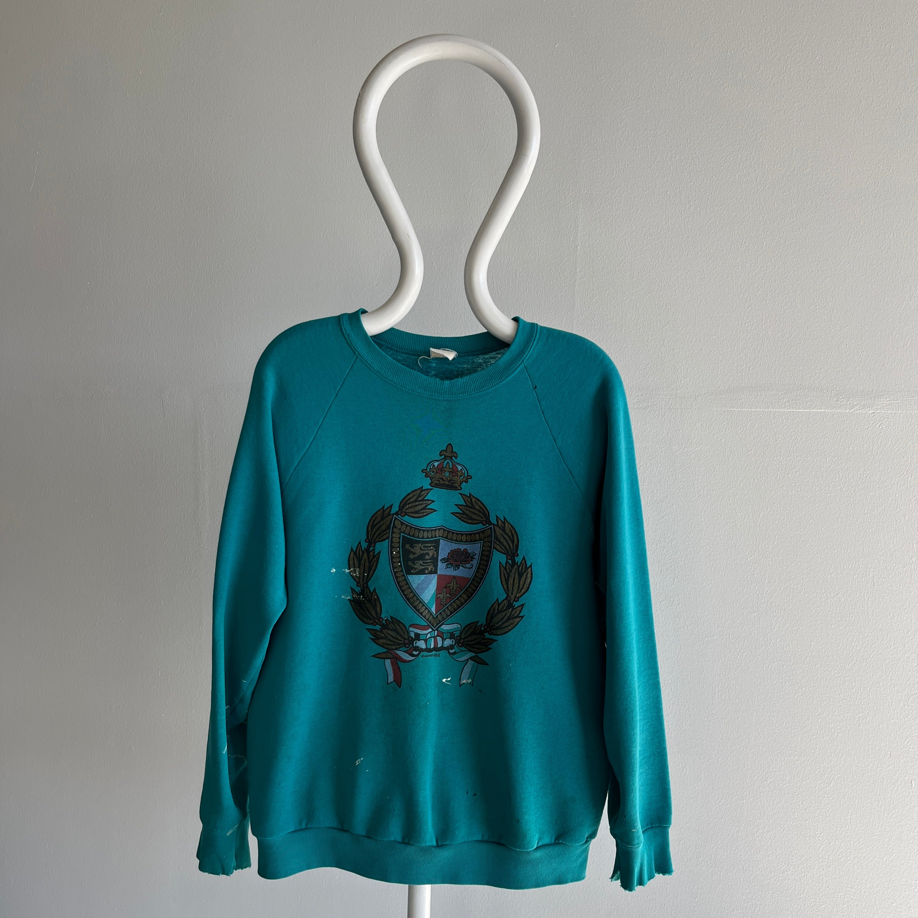 1992 Shredded, Tattered, Torn, Paint Stained Random Crest Sweatshirt