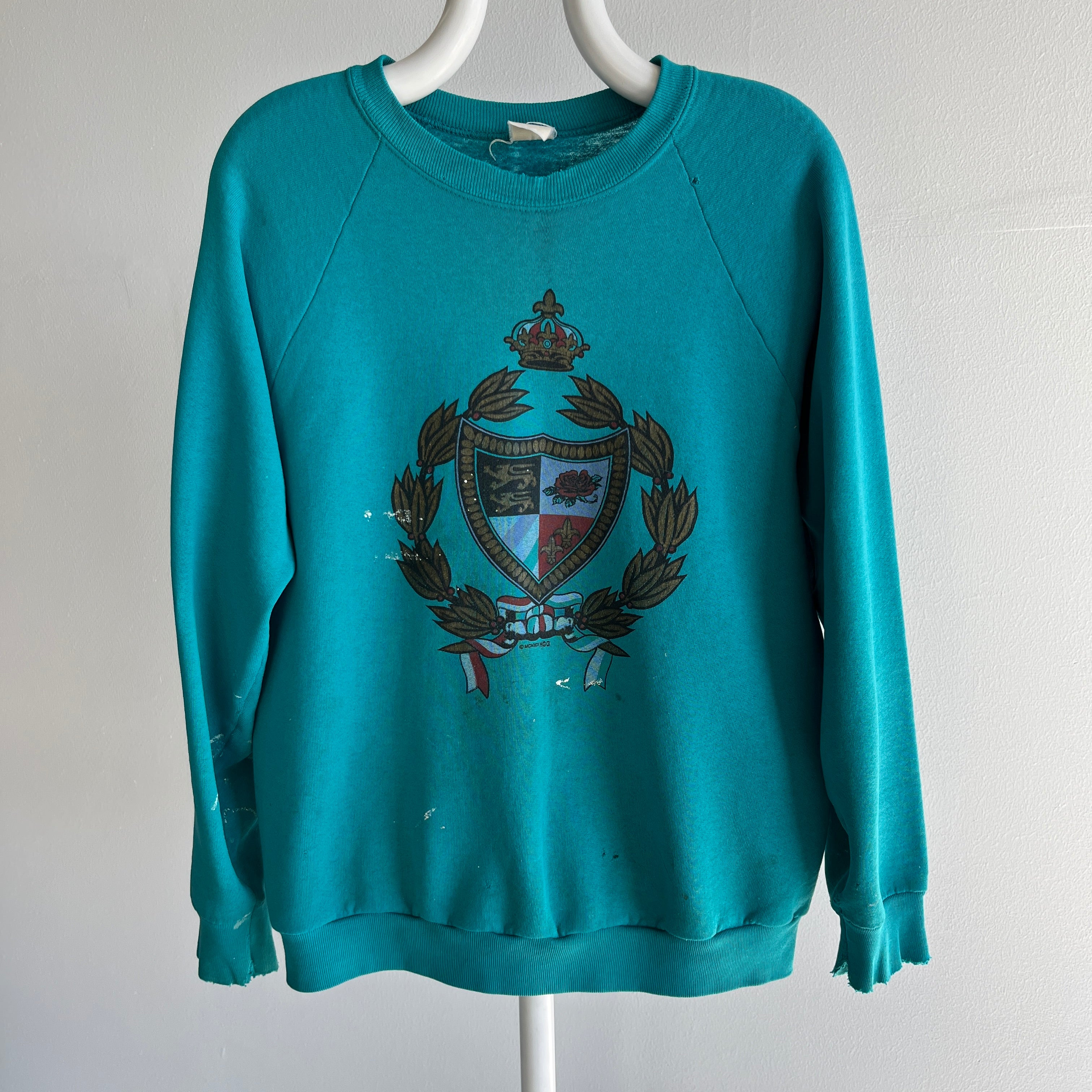 1992 Shredded, Tattered, Torn, Paint Stained Random Crest Sweatshirt