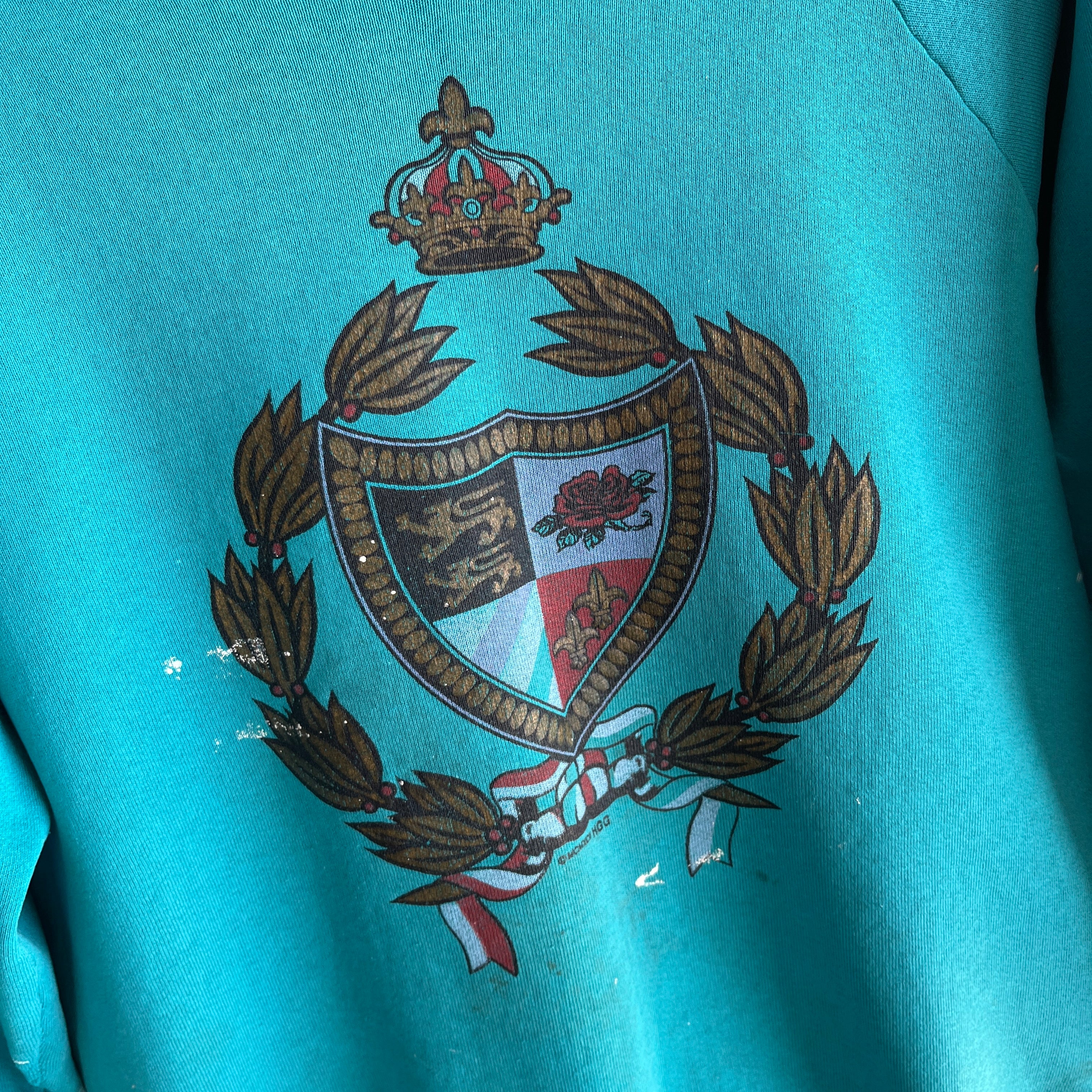 1992 Shredded, Tattered, Torn, Paint Stained Random Crest Sweatshirt