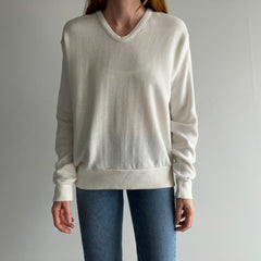 1970s Creamy White V-Neck Rayon and Nylon Sweater