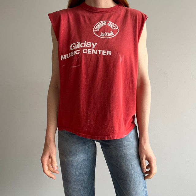 1970/80s Linwood Girls Softball Cut Sleeve Faded Rad Cotton T-Shirt