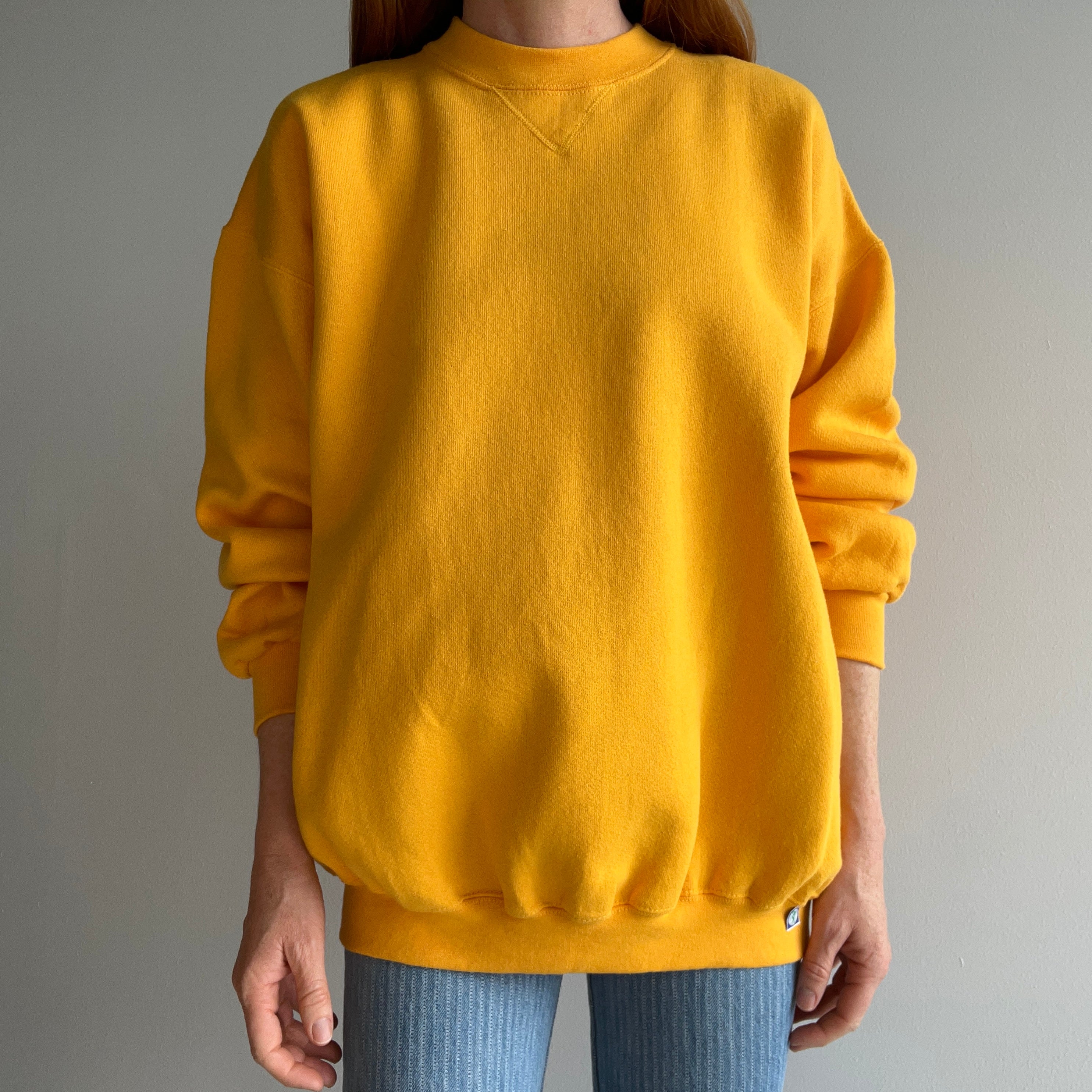 1990s Heavyweight Discus Mustard Yellow Sweatshirt with a Single V