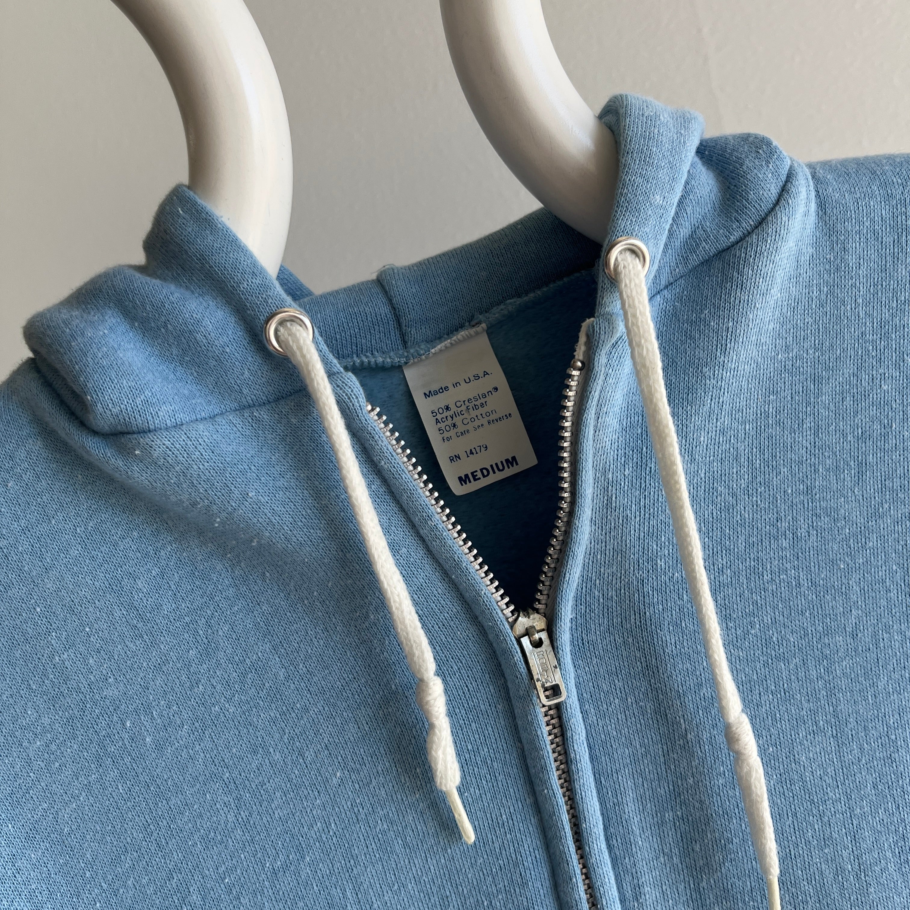 1970/80s Baby Blue Zip Up Hoodie Sweatshirt