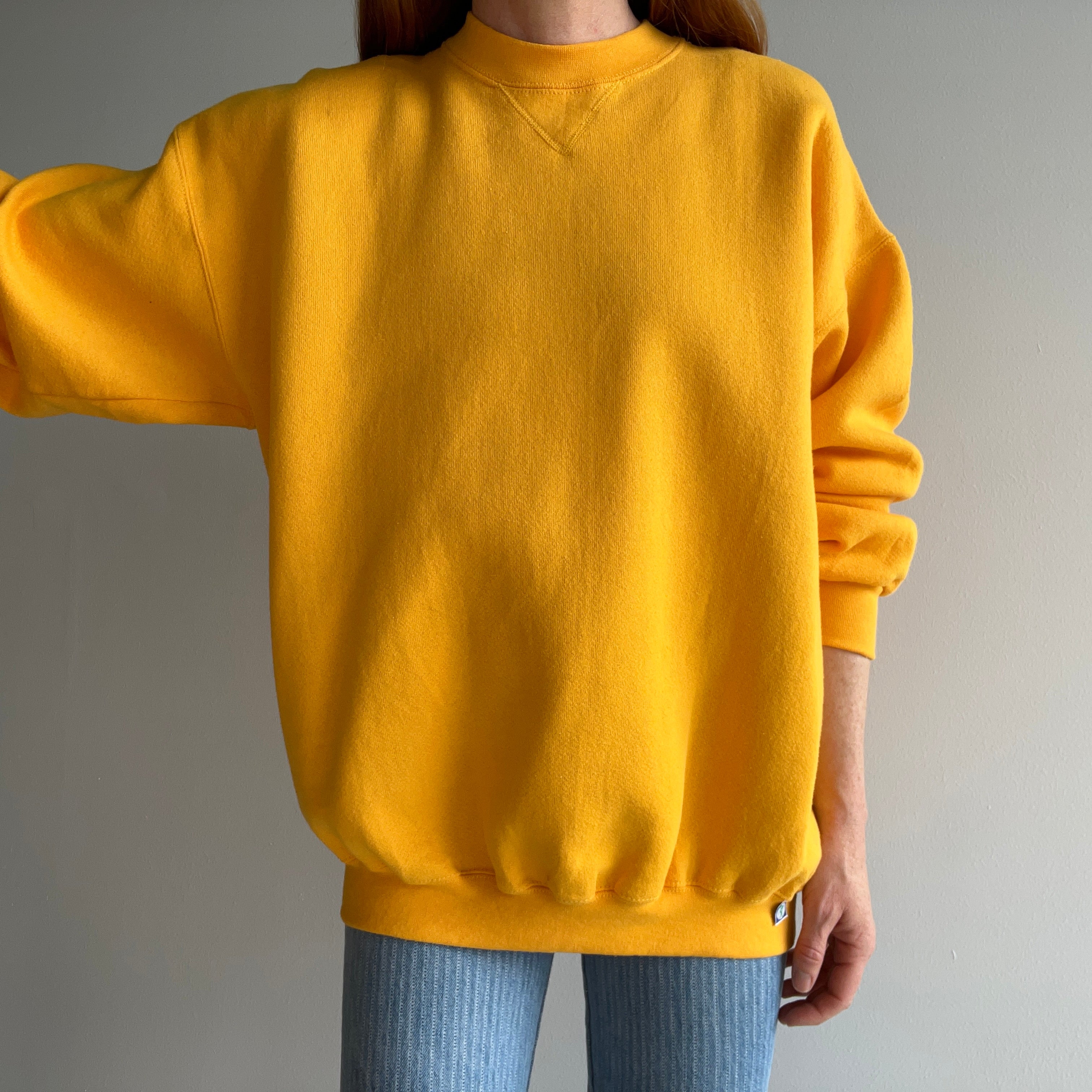 1990s Heavyweight Discus Mustard Yellow Sweatshirt with a Single V