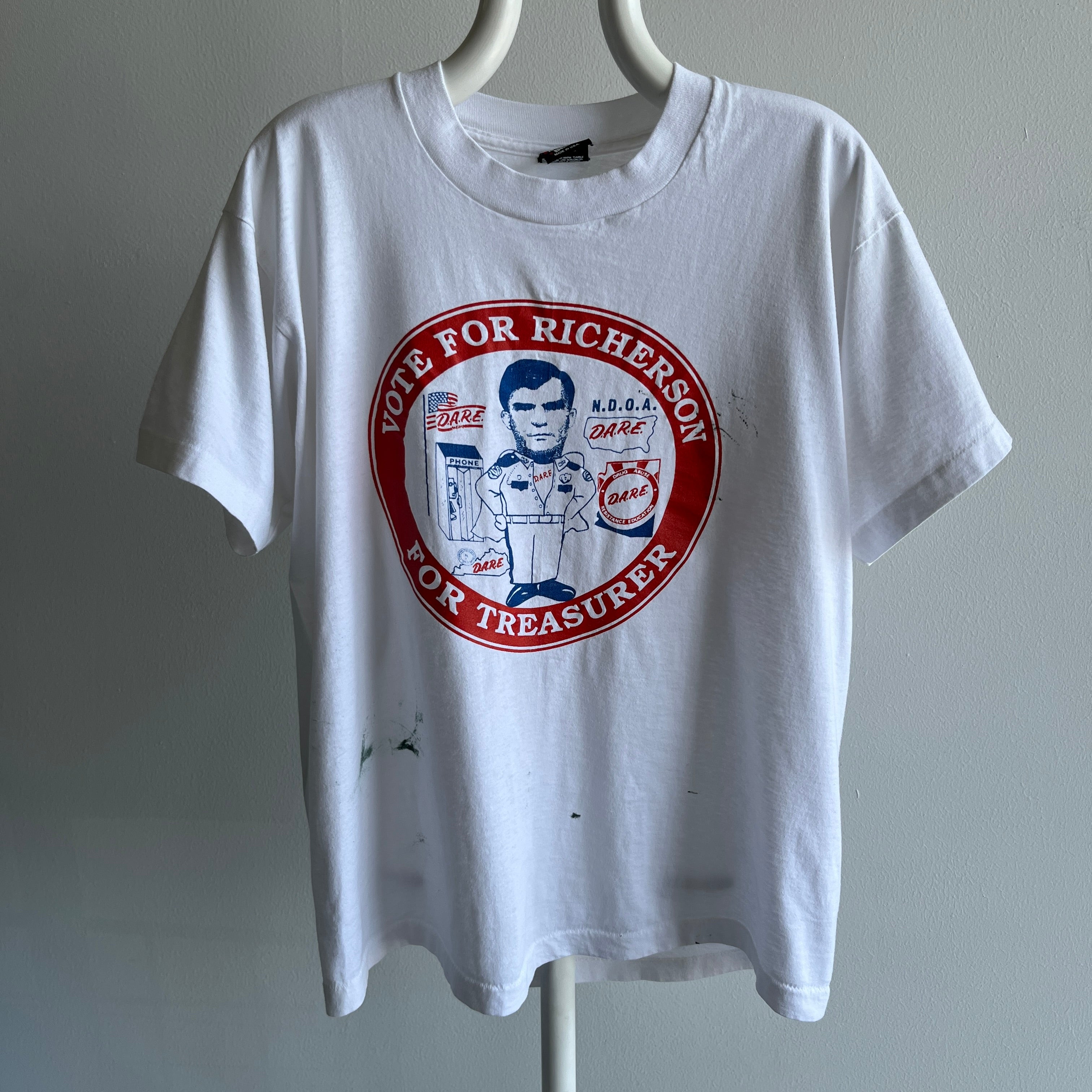 1980s Vote For Richerson For D.A.R.E. Treasurer Paint Stained T-Shirt