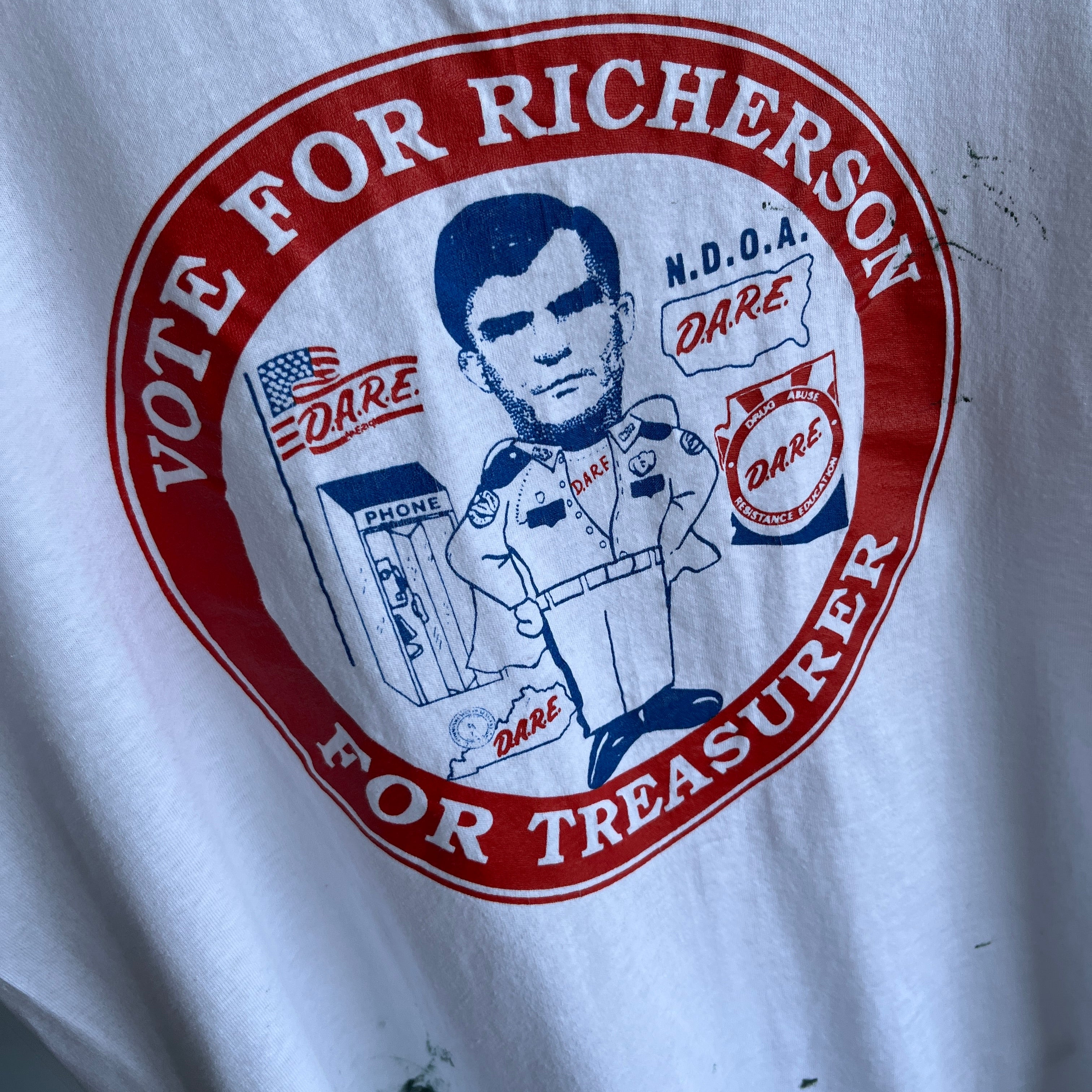 1980s Vote For Richerson For D.A.R.E. Treasurer Paint Stained T-Shirt