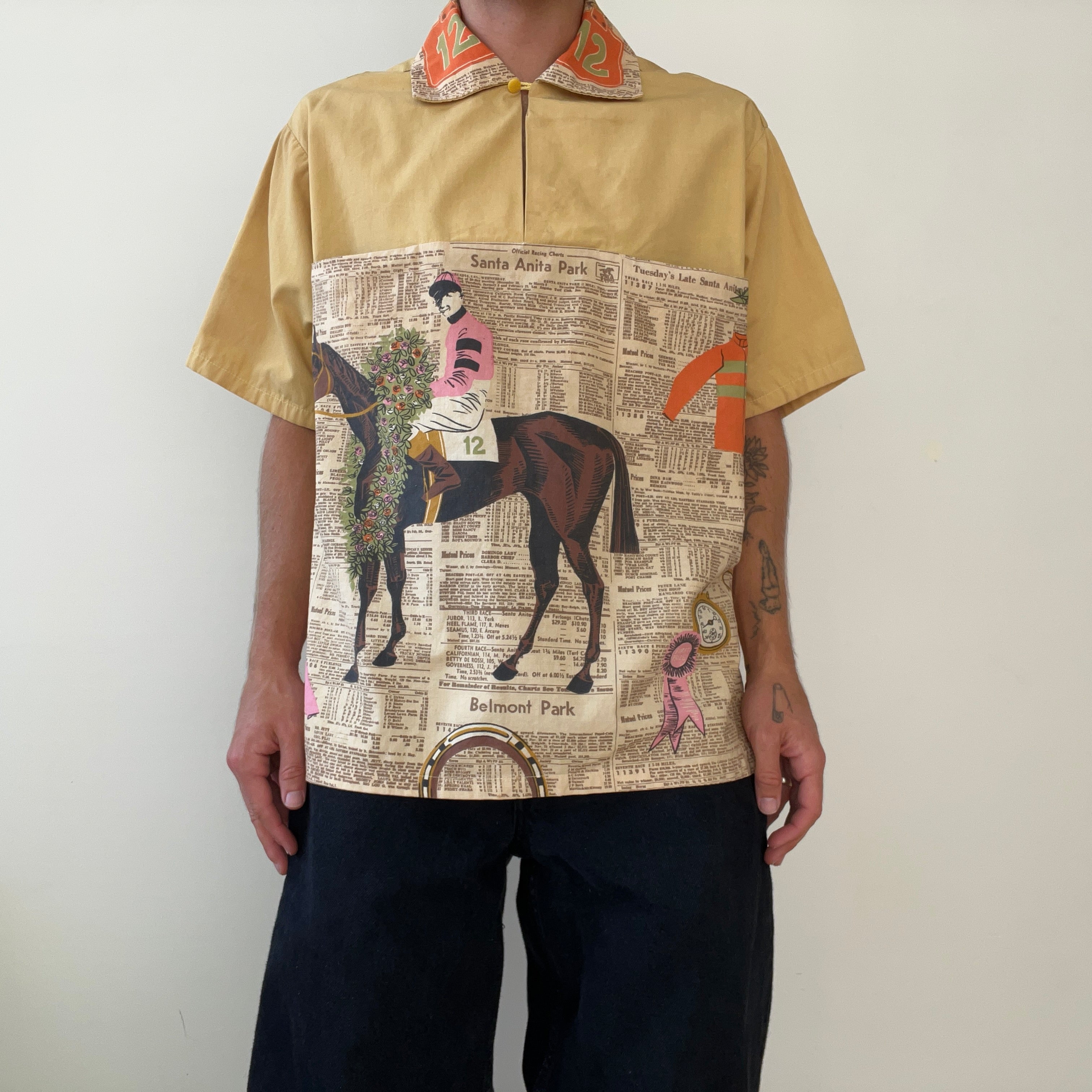 1940s/50s All Over Print Horse Jockey Loop Collar Shirt TINA COLLECTION