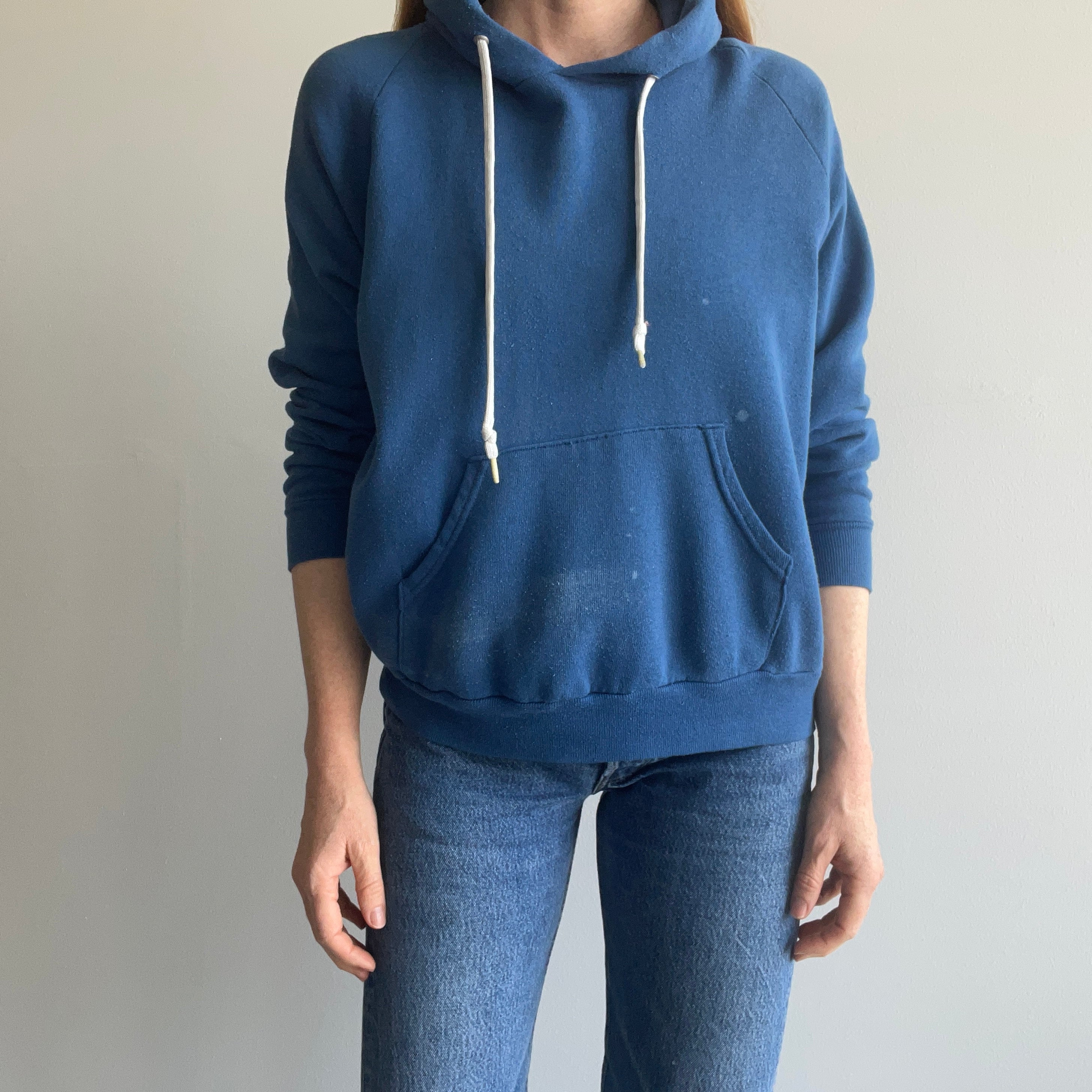 1980s Soft, Thin and Slouchy Bleach Stained Blue Hoodie - !!!!