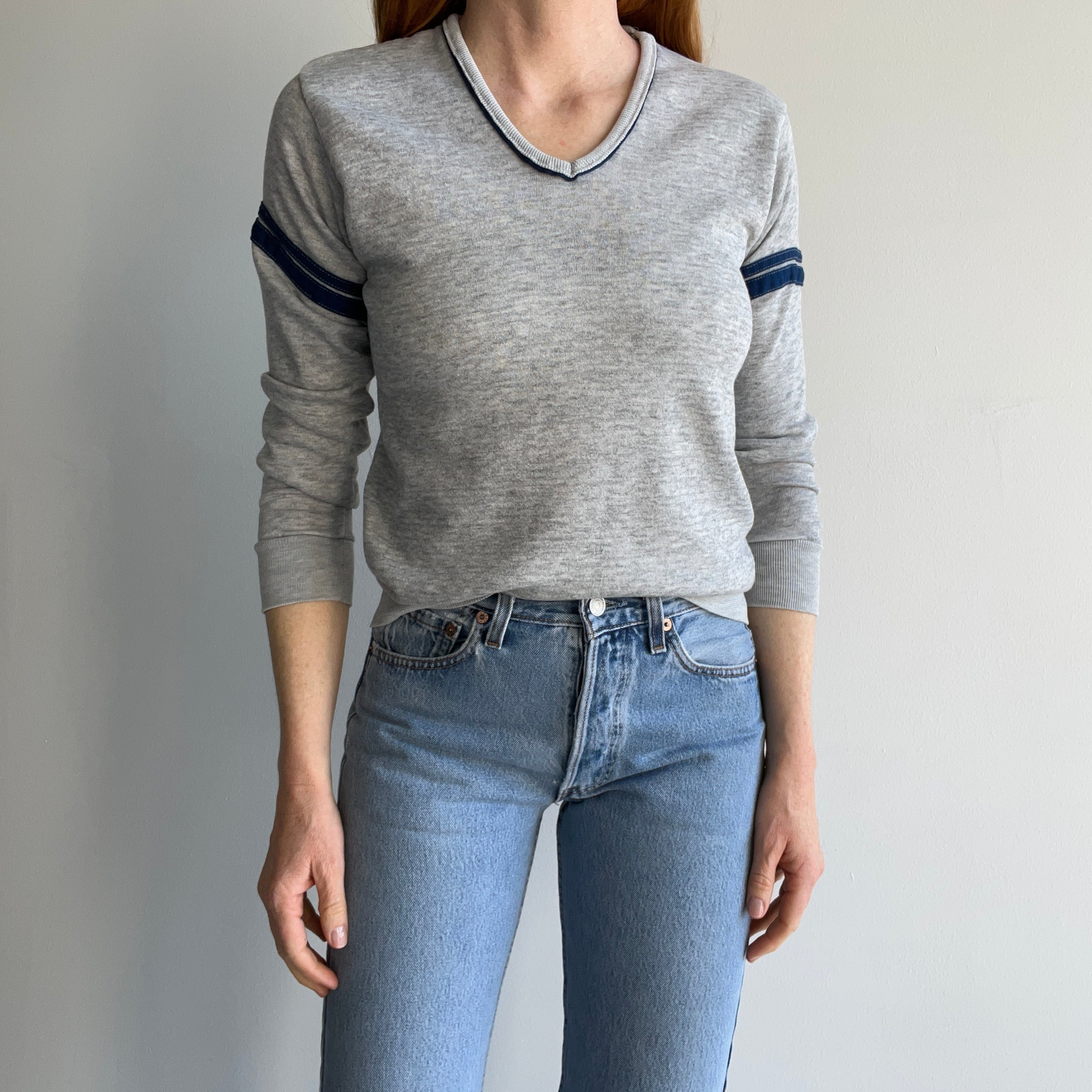 1980s Super Thin Double Stripe V-Neck Sweatshirt