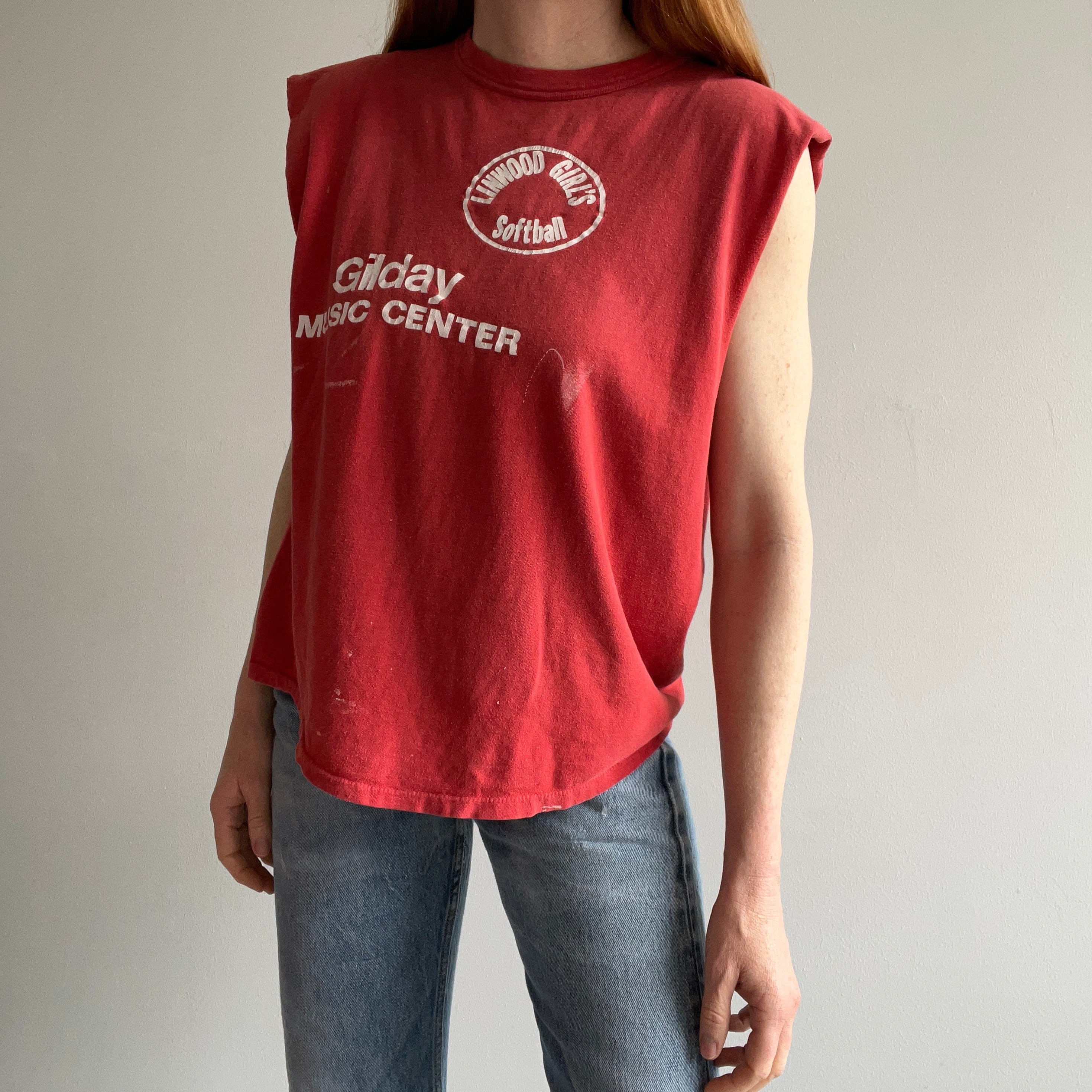 1970/80s Linwood Girls Softball Cut Sleeve Faded Rad Cotton T-Shirt