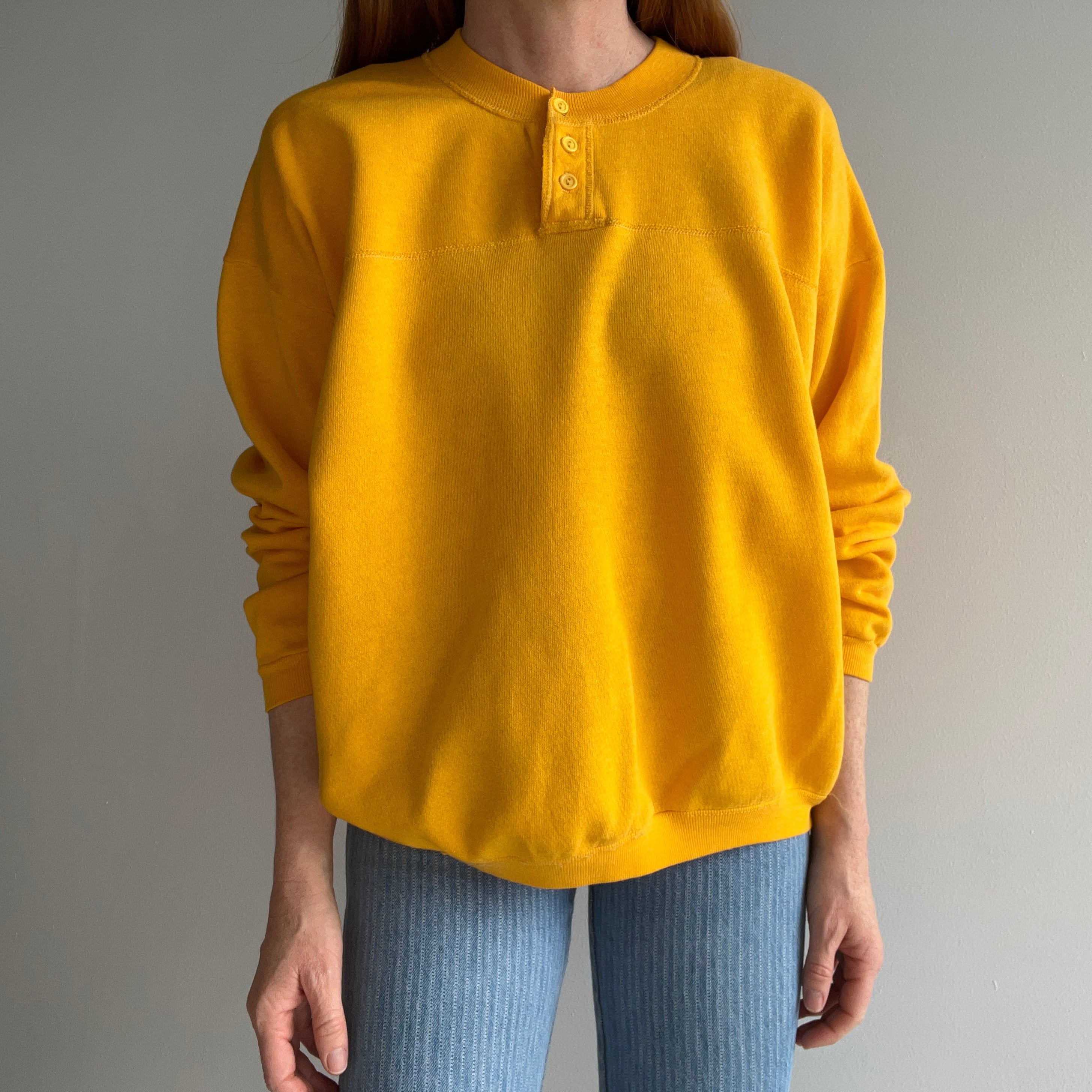 1980s St. John's Bay Henley Sunshine Yellow Sweatshirt