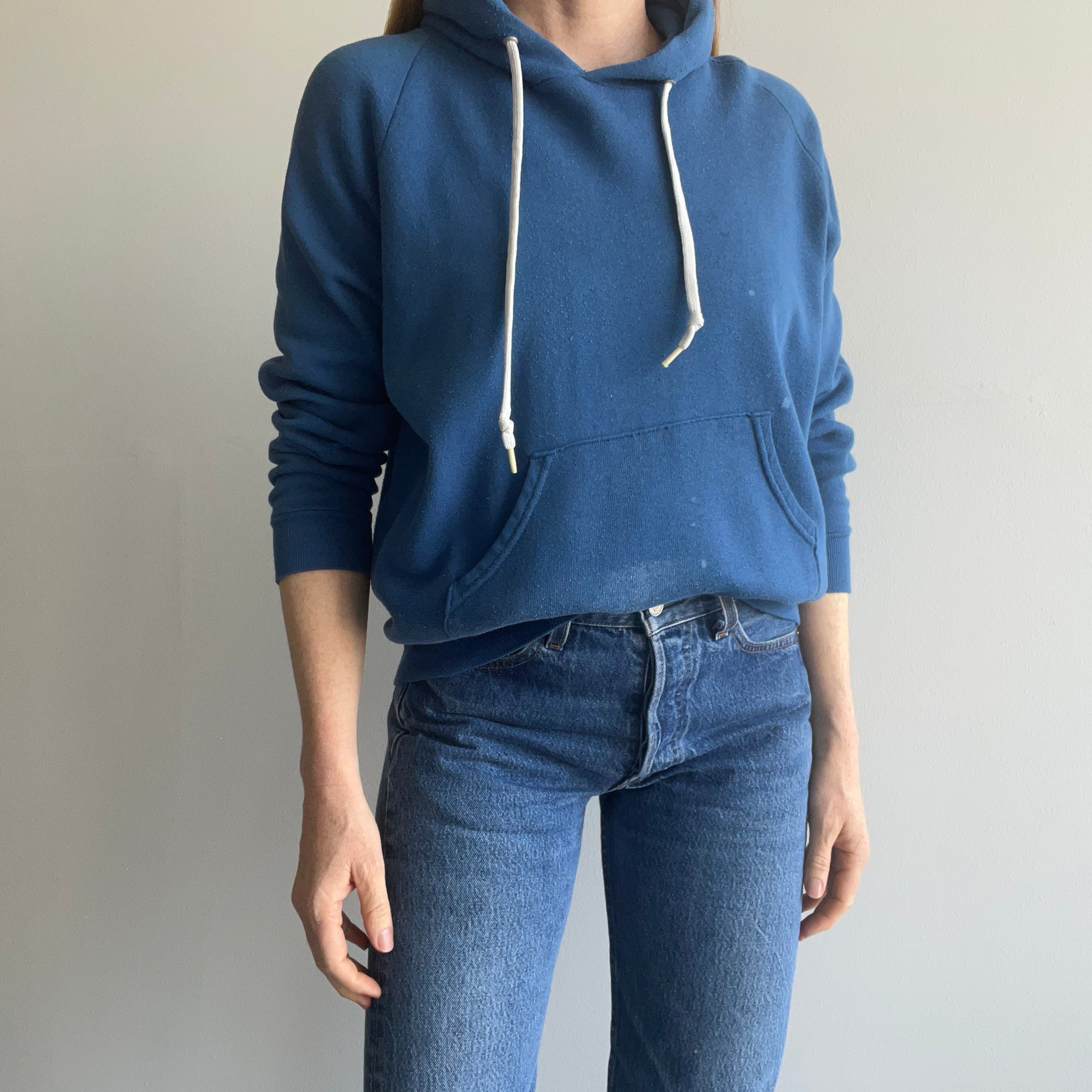 1980s Soft, Thin and Slouchy Bleach Stained Blue Hoodie - !!!!